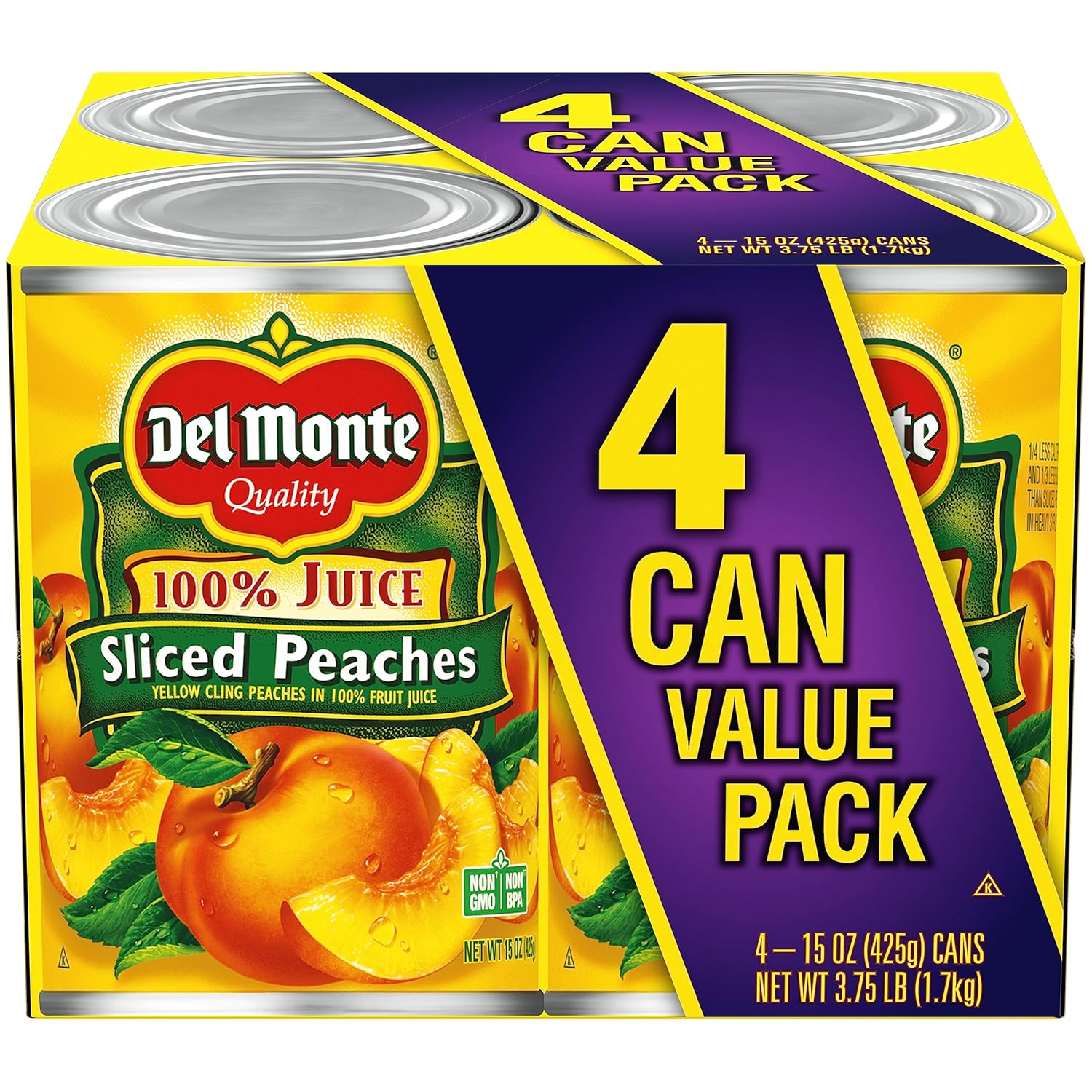 Del Monte Yellow Cling Sliced Canned Peaches in 100% Juice, 15 oz Cans (Pack of 4)