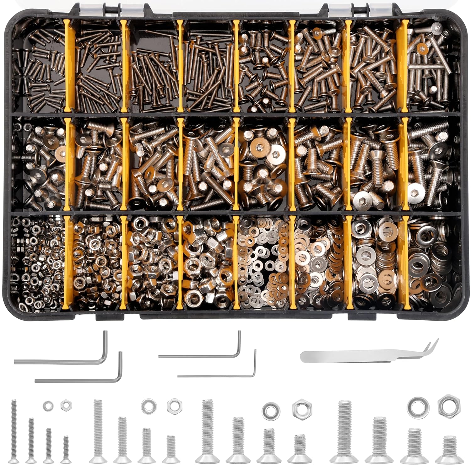 Belle Vous 1120-Piece Countersunk Screw with Hex Socket Set - Stainless Steel Flat Head M2, M3, M4 and M5 Screw Assortment Kit with Storage Box - Bolt, Nut and Washer Set for DIY and Machine Repairs