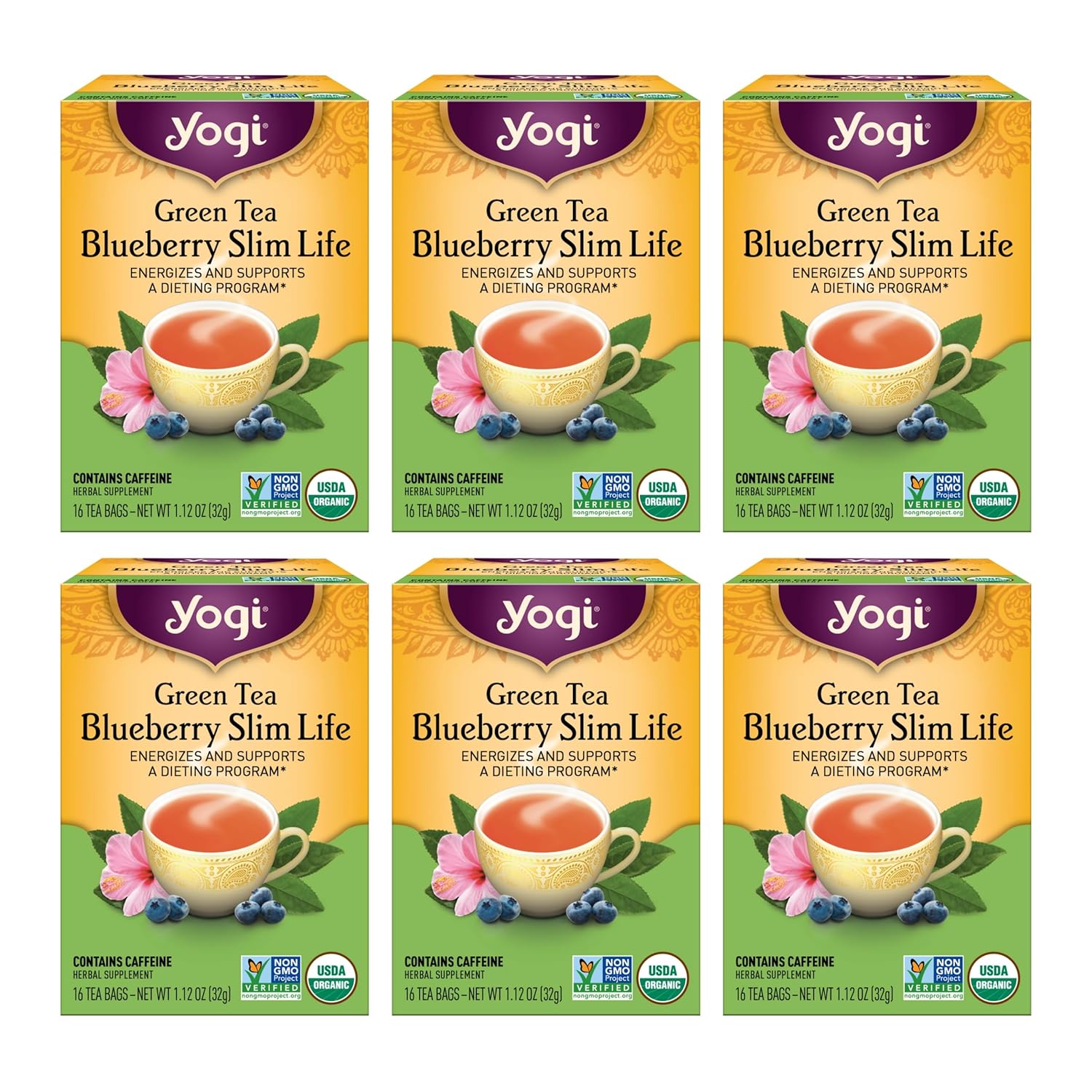 Yogi Tea Green Tea Blueberry Slim Life Tea - 16 Tea Bags per Pack (6 Packs) - Organic Tea to Support Stamina & Energy - Includes Green Tea Leaf, Bilberry Leaf, Hibiscus Flower, Blueberries & More.