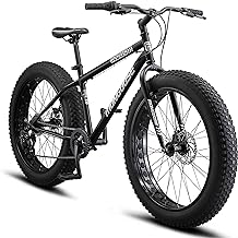 Mongoose Malus Mens and Women Fat Tire Mountain Bike, 26-Inch Bicycle Wheels, 4-Inch Wide Knobby Tires, Steel Frame, 7 Speed Drivetrain, Shimano Rear Derailleur, Disc Brakes