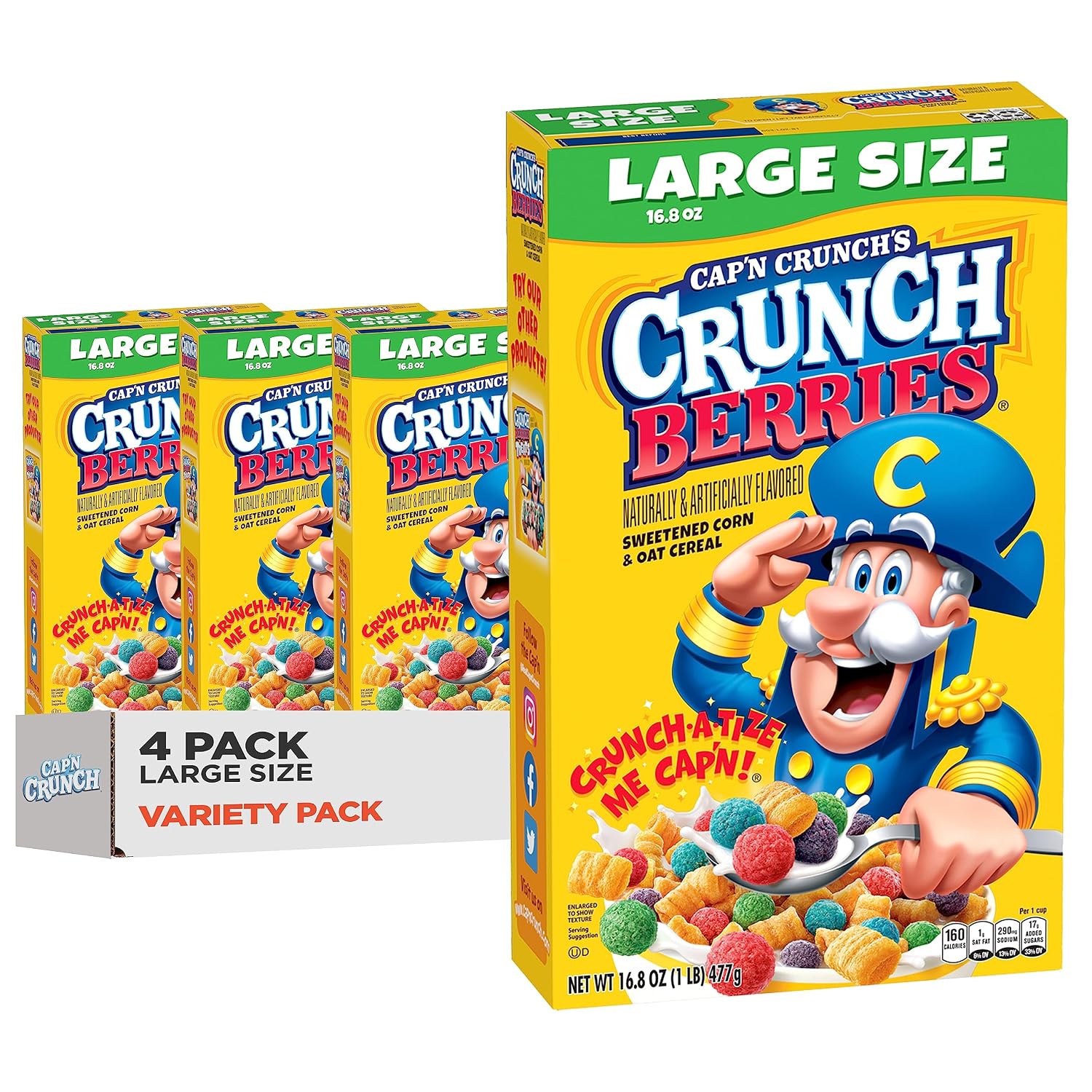 Cap'n Crunch Cereal, Crunch Berries, 16.8oz Boxes (4 Pack)