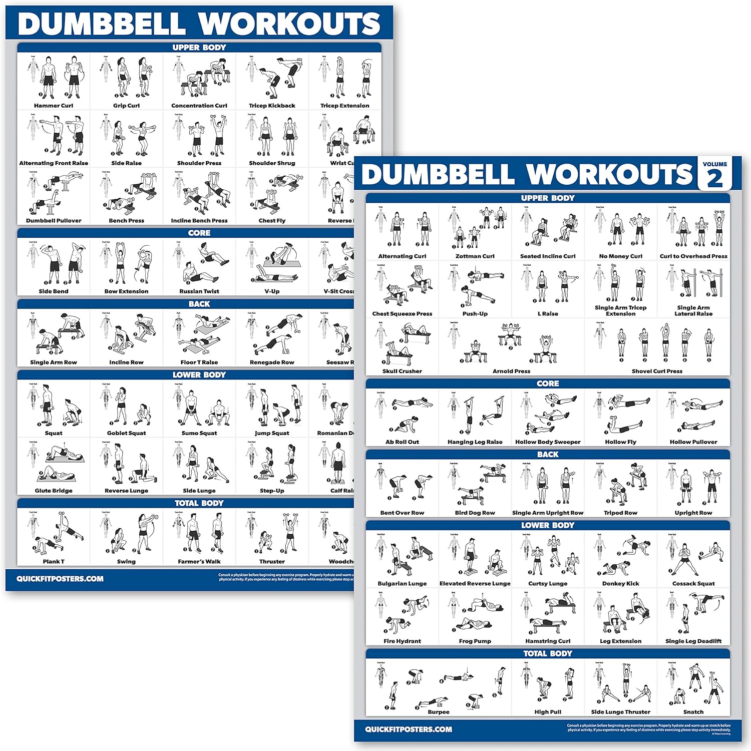 QuickFit 2 Pack Dumbbell Workout Exercise Poster - Volume 1 & 2 - LAMINATED 18" x 24"