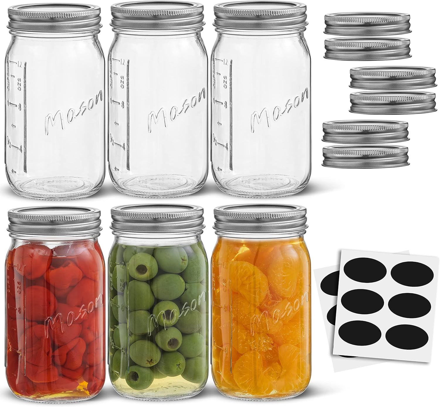 16 Oz Mason Jars With Lids, Labels and Measures! 6-Pack Regular Mouth Mason Jars, Glass Jar with Lid and Band. Airtight Canning Jars, Overnight Oats Jars, Salad Jars, Sourdough Starter Jar