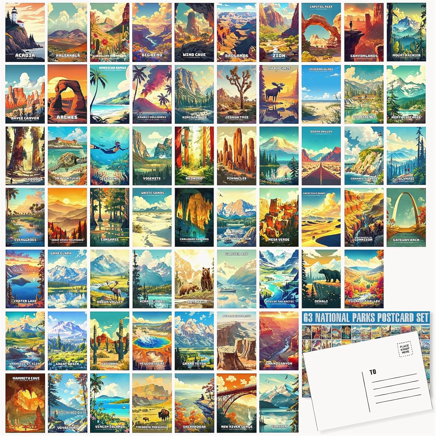 LCLAIDYDY 63 National Parks Postcard Set,Vintage Travel Posters Illustrations Postcards,U.S. National Parks Post Cards for Kids Students Teachers Mailing 4x6