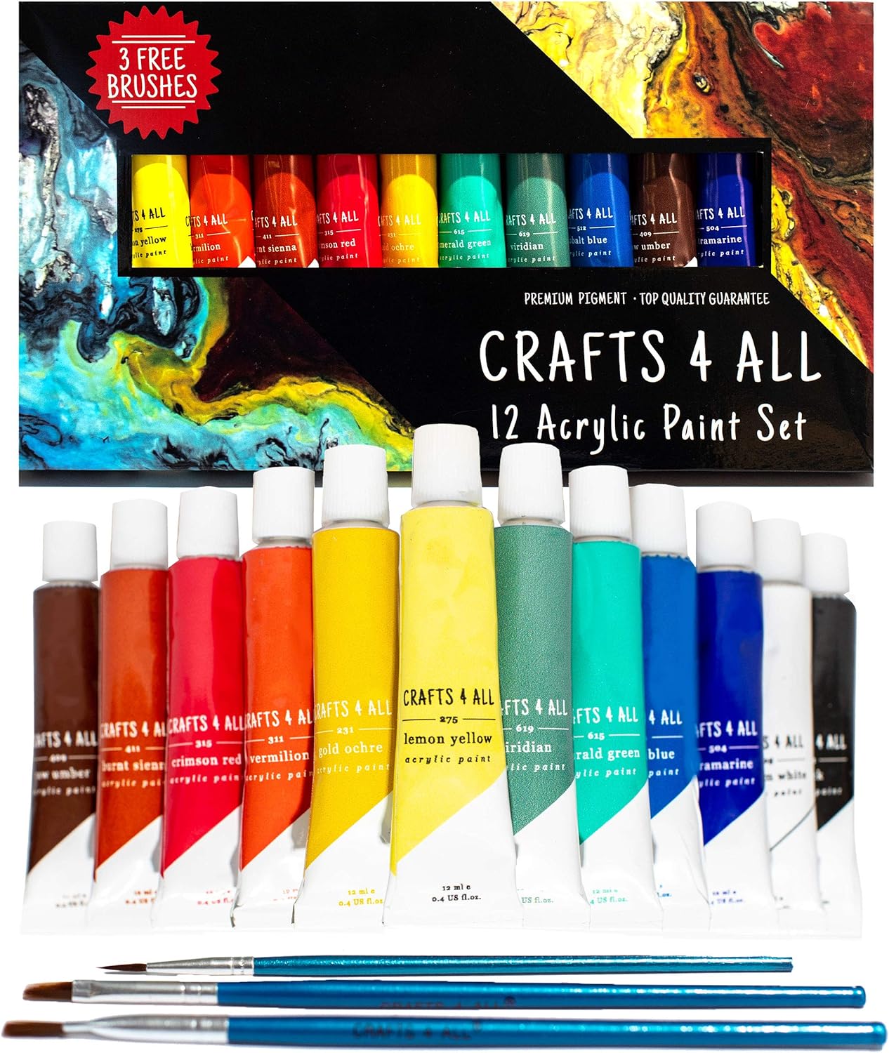 Crafts 4 ALL Acrylic Paint Set - 12 Paints for Canvas, Wood, Ceramic, Fabric - Non Toxic, Vibrant Pigments for Beginners, Students and Professional Artists - Art Supplies