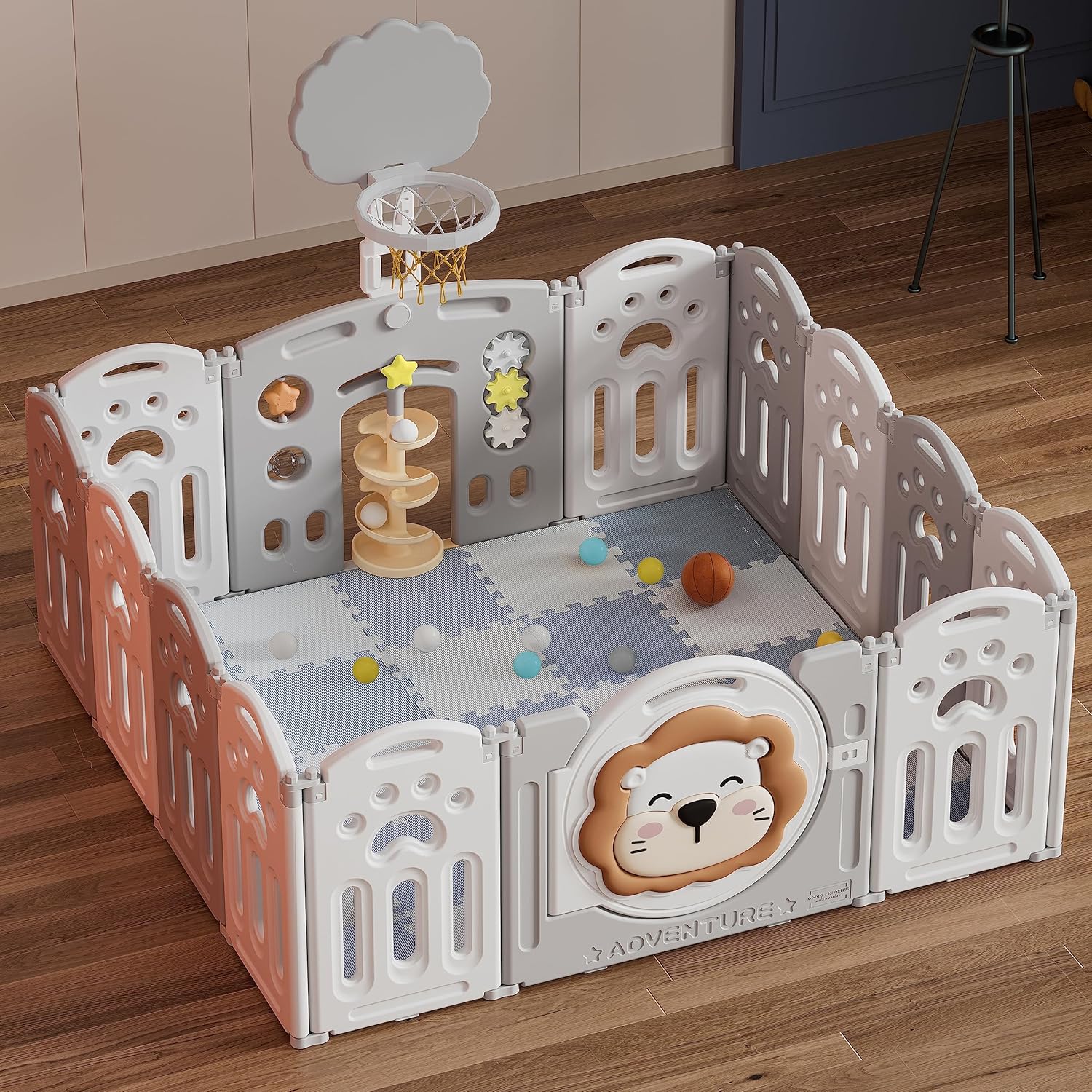 Adventure Lion Baby Playpen for Baby and Toddlers Foldable - Kids Play Pen Babies and Toddlers - Includes Play Mats, Activity Panel, Basketball Hoop & Balls (White/Grey)