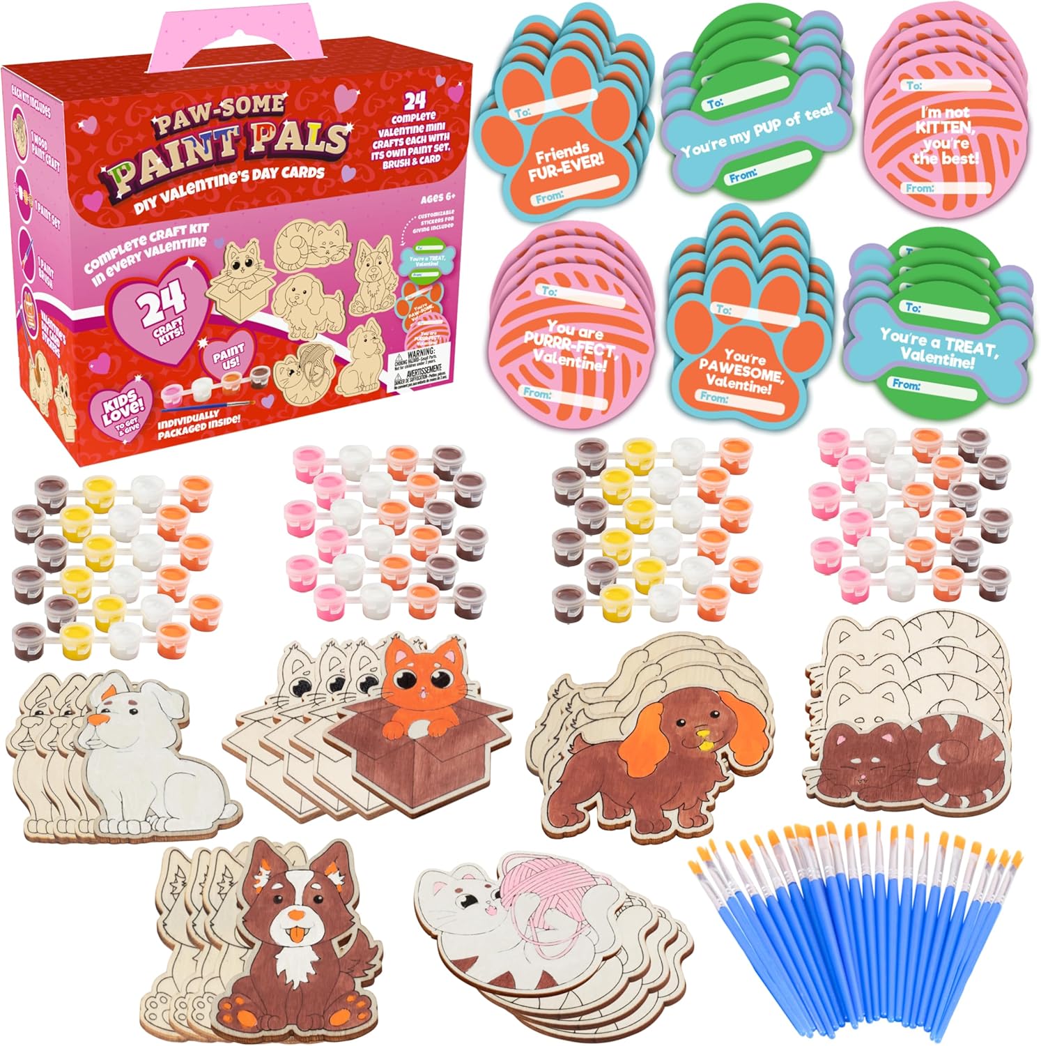 Cat & Dog Wood Painting Kits (24 ct) - Perfect Goodie Bag Party Favors for Kids Birthday Party - Each has a Pet Wood Craft, Paints, Brush & Sticker for Boys & Girls - Kids Multi-Item Party Favor Packs