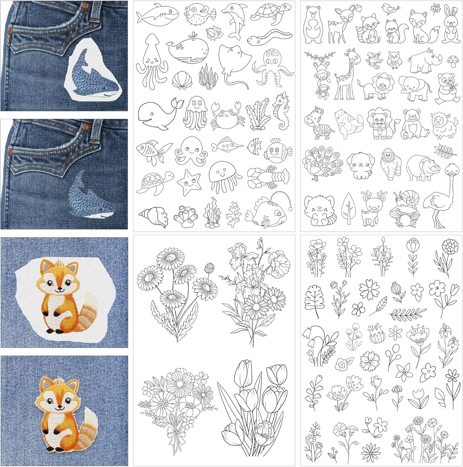 Stick & Stitch Embroidery Transfer Paper - 4 Sheet Water Soluble Stabilizer for Embroidery, Embroidery Paper Wash Away, Butterfly Flower Woodland Under The Sea Animal Design, Hand Sewing Crafts