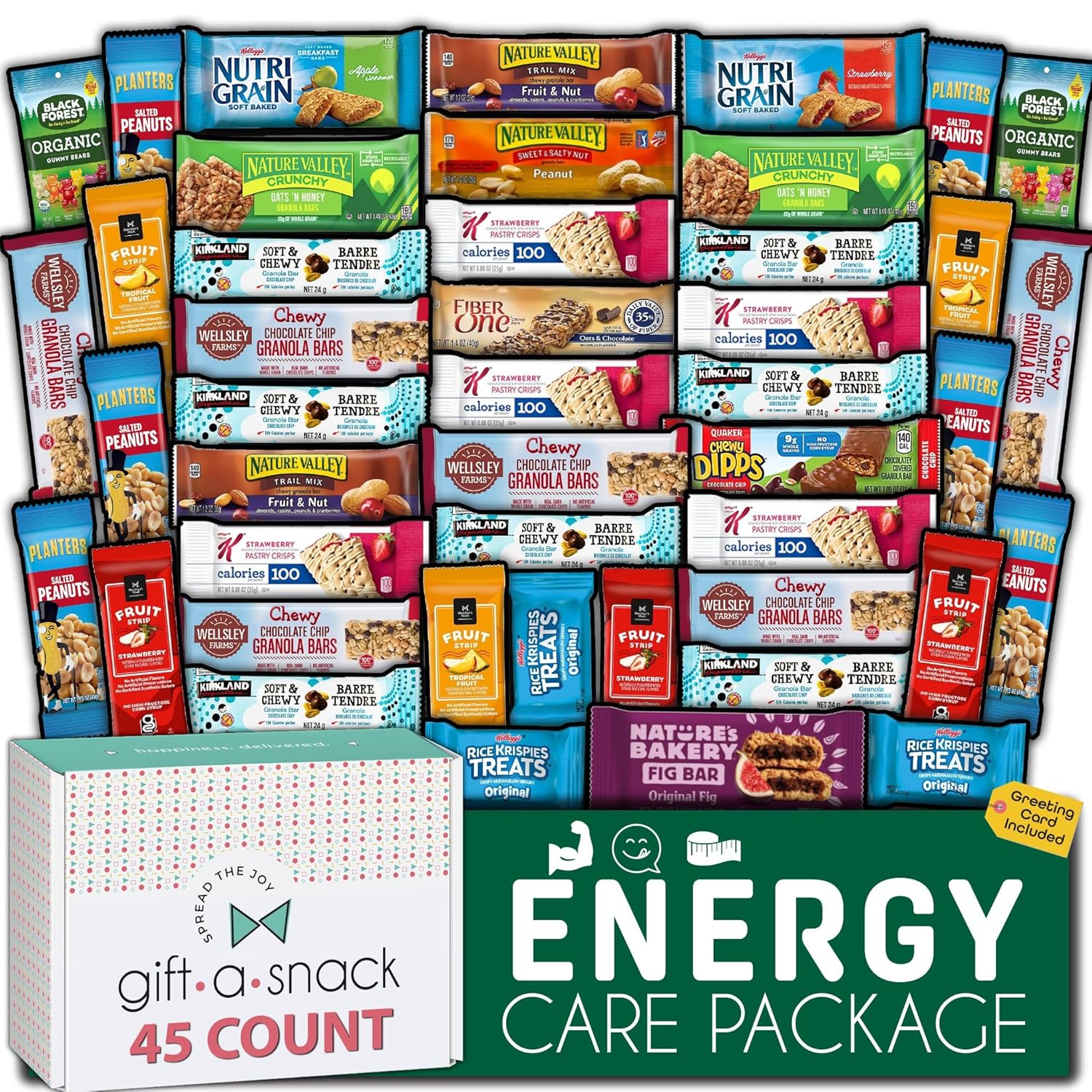 Gift A Snack - Back to School/Off to College Healthy Granola Breakfast Bars, Snack Box Care Package + Greeting Card (45 Count) Birthday Treats Gift Basket Nutritious Chips, Office Food Assortments