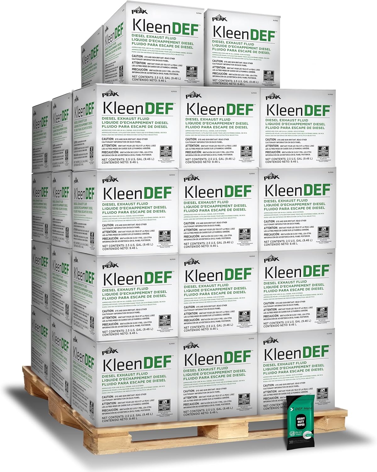 PEAK 2.5 Gallon DEF Fluid Pallet - Premium KleenDEF 40 Cases - Diesel Exhaust Fluid 2.5 Gallon Case - Pack of 40 Cases and 1 Pack of Heavy Duty Wipes
