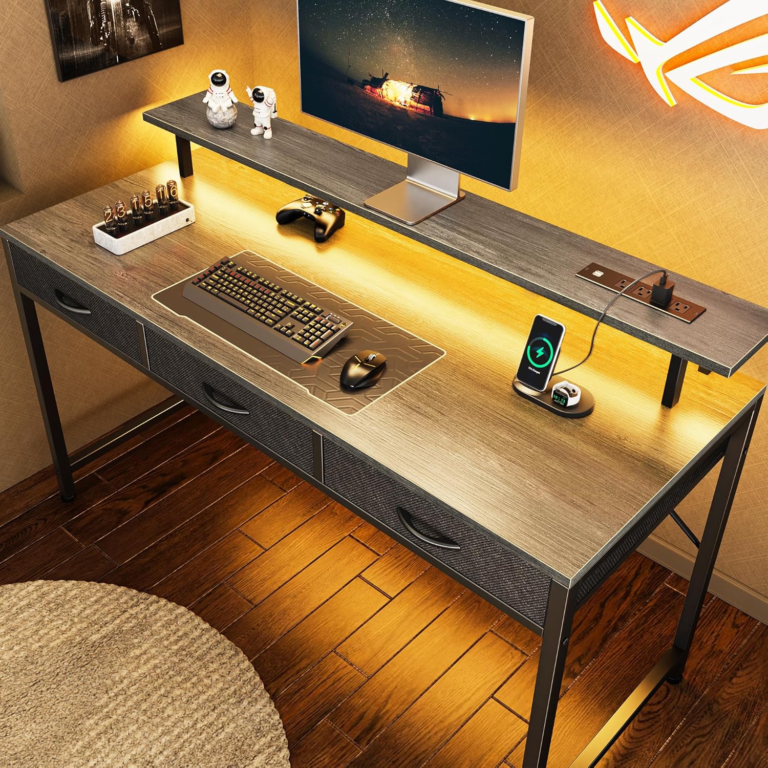 Huuger 55 inch Computer Desk with 3 Drawers, Office Desk Gaming Desk with LED Lights & Power Outlets, Home Office Desks with Storage Space for Bedroom, Work from Home, Gray