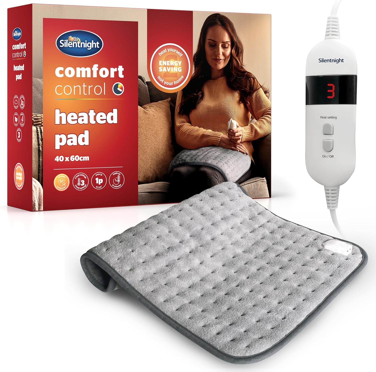 Silentnight Electric Heat Pad - Heat Pad for Back Neck Should Period Pain Relief with Supersoft Stain Resistant Wipe Clean Fleece Finish - Heating Heated Pad 3 Heat Settings and Fast Heat Up - 40x60cm