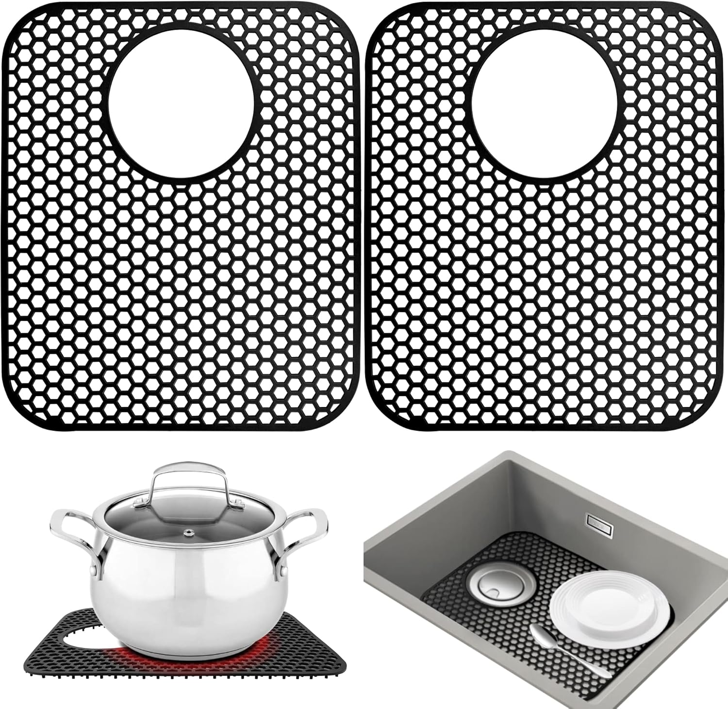 Sink Protectors for Kitchen Sink,2 PCS Silicone Kitchen Mat 13.58"x11.6",Non-Slip Bottom Guard Compatible with Farmhouse/Stainless Steel/Porcelain(Black, Rear Drain)
