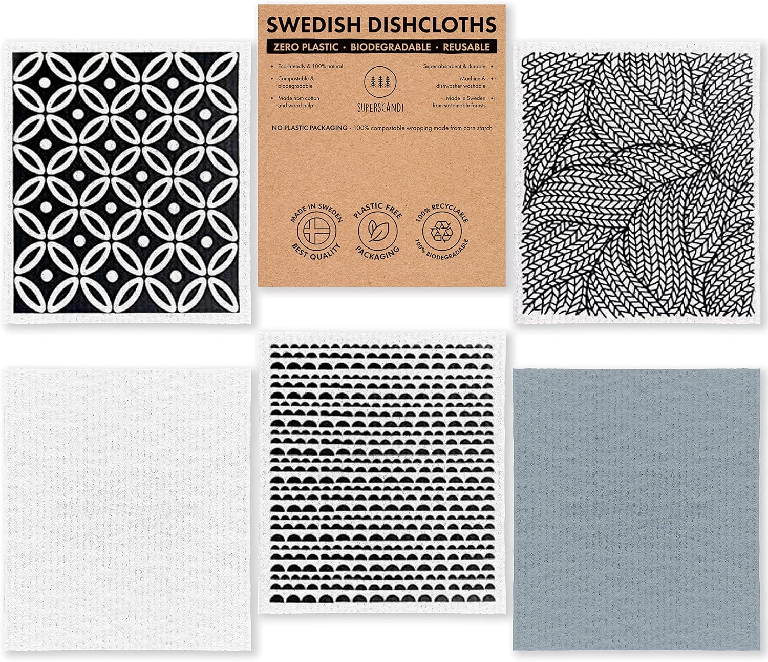 SUPERSCANDI 5 Pack Reusable Cleaning Cloths - 100% Biodegradable & Compostable | Washable Swedish Dishcloth - Food-Safe & Plastic-Free | Kitchen Cloth Suitable for Any Surface, Scandi Artdeco White