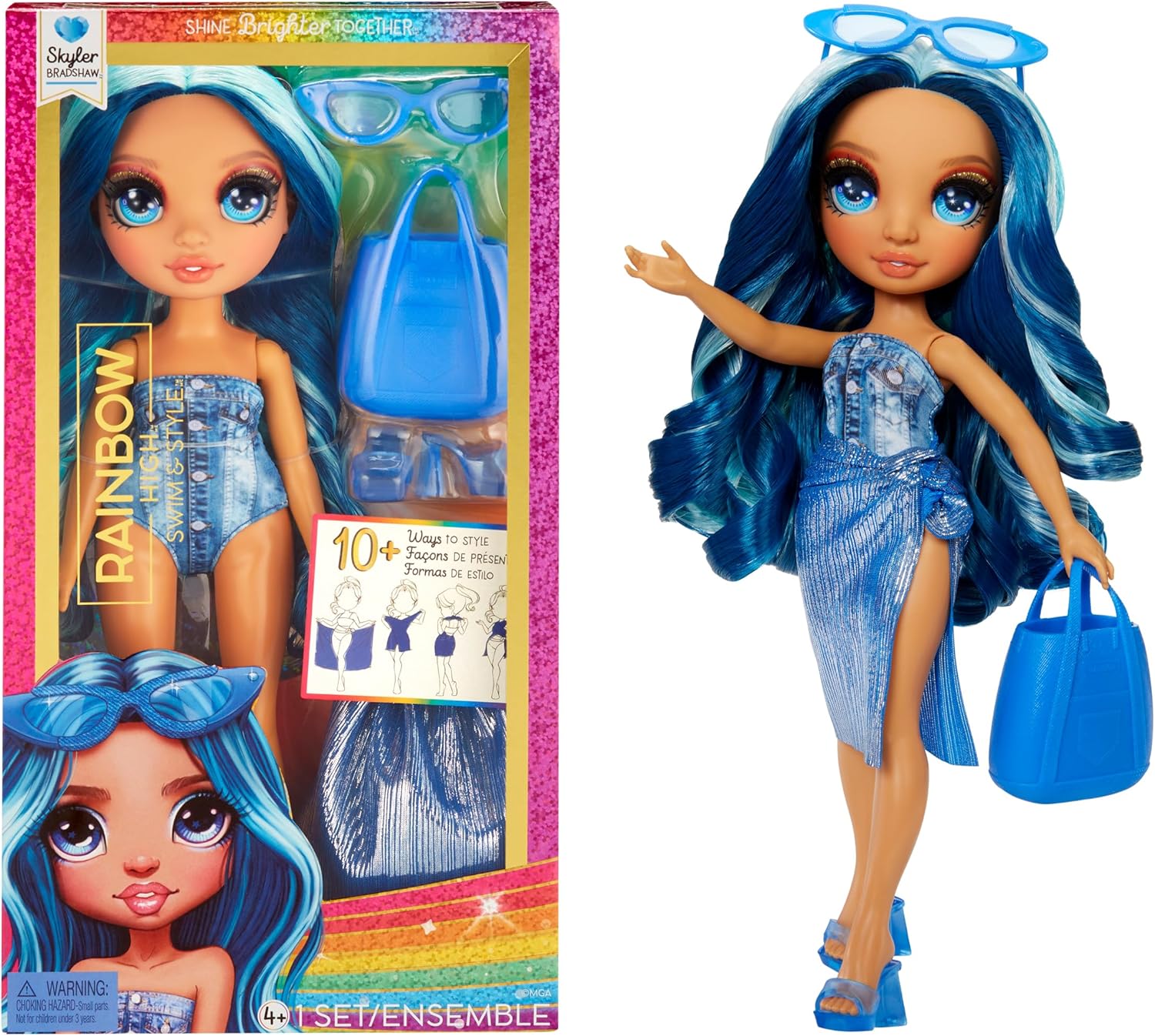 Rainbow High Swim & Style Skyler, Blue 11" Fashion Doll with Shimmery Wrap to Style 10+ Ways, Removable Swimsuit, Sandals, Fun Play Accessories, Great Toy Gift for Girls Kids Ages 4-12 Years