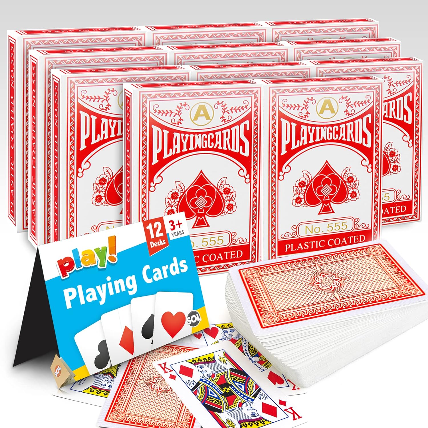 SOL 12pk Playing Cards, Standard UK Deck for Kids or Adults, Plastic Play Multi pack, Waterproof Poker Gift Set, Premium, Lightweight, Cool Design for Fun Game Nights, Travel and Entertainment