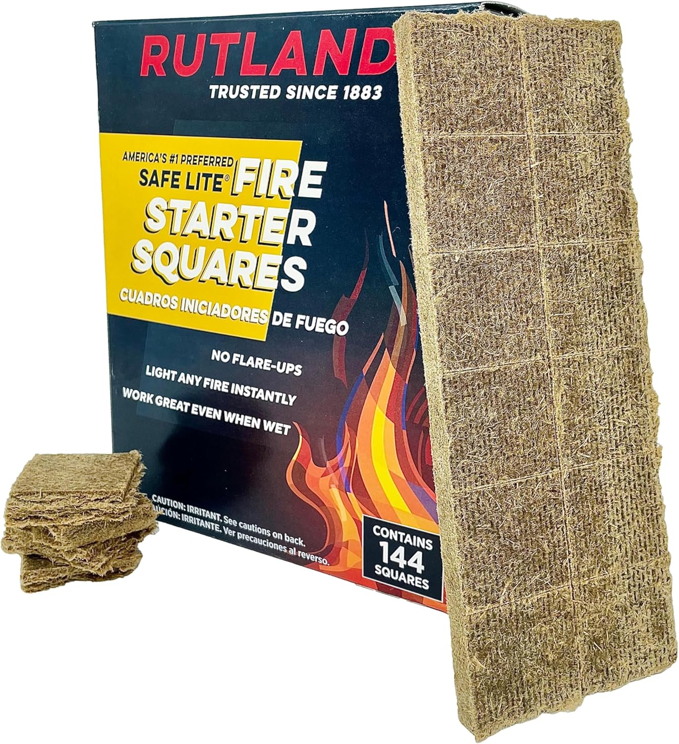 Rutland 50B Safe Lite Fire Starter Squares for Fireplaces, Grill Pits, Campfires, BBQ & Smokers - Longer Burn - 144 Squares