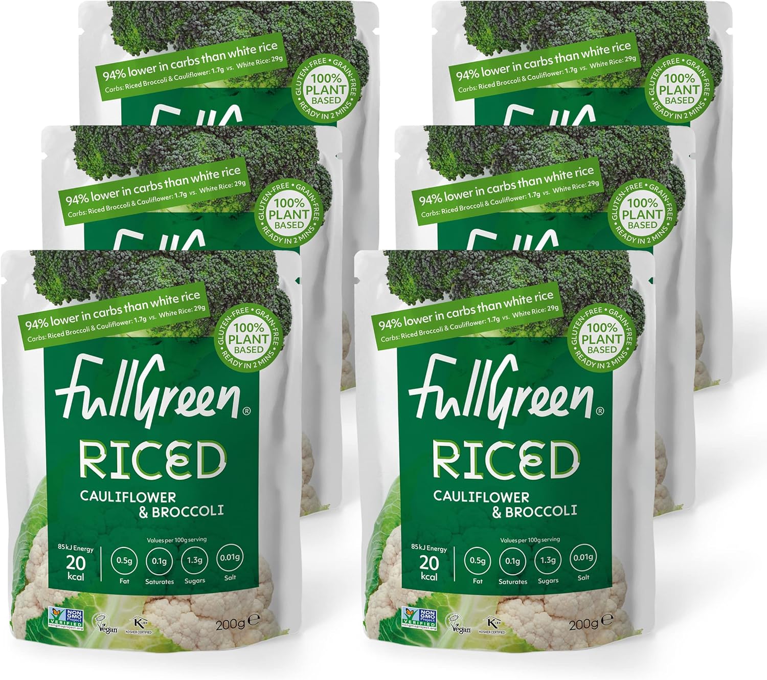 Fullgreen, Riced Cauliflower and Broccoli, 100% Veg, shelf-stable, no preservatives, vegan, keto and 87% lower-carbs than rice! - case of 6x 200g pouches - made in the UK