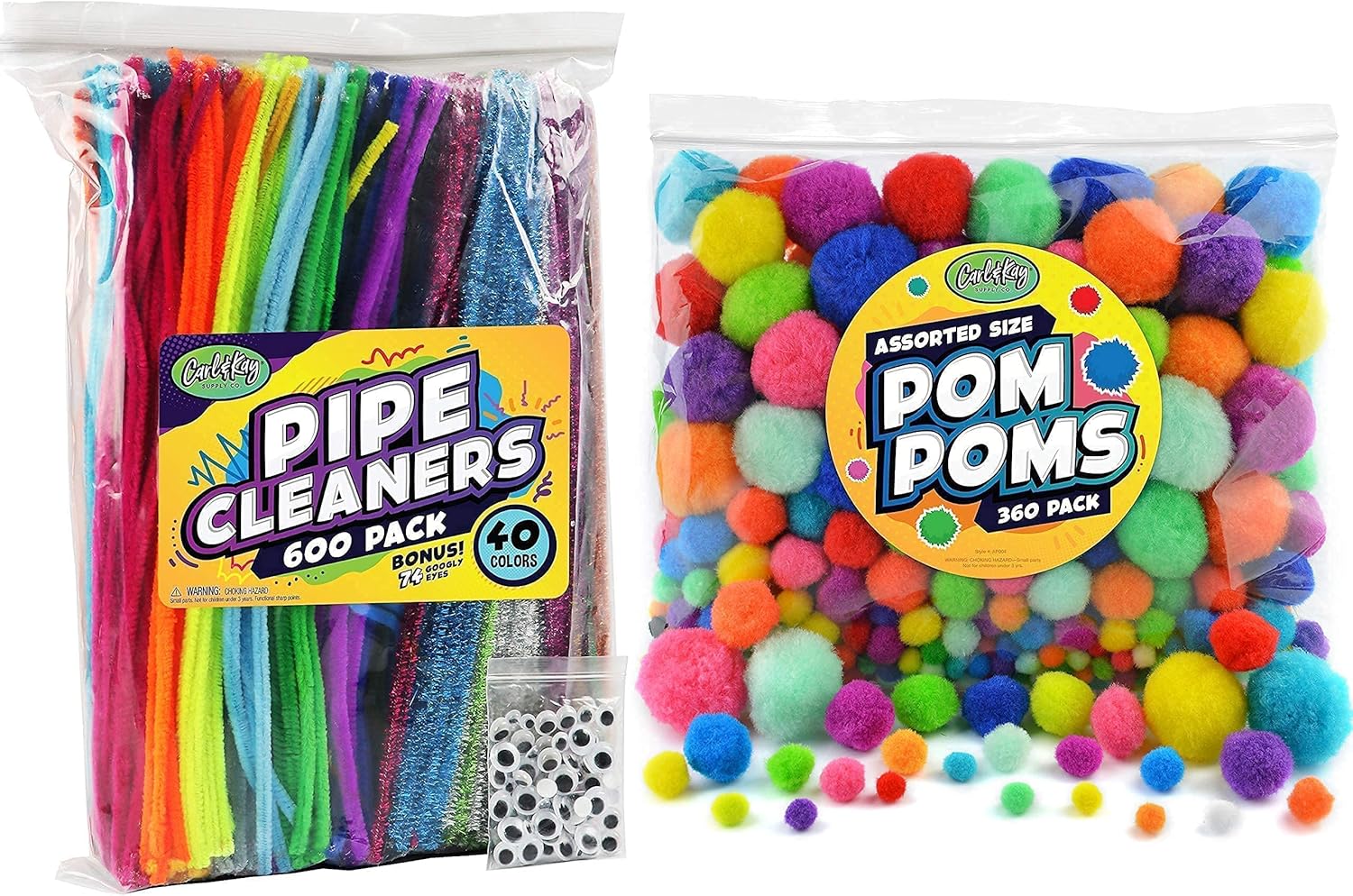 Carl & Kay Assorted Size 360 Pom Poms & 600 Pipe Cleaners with 124 Googly Eyes