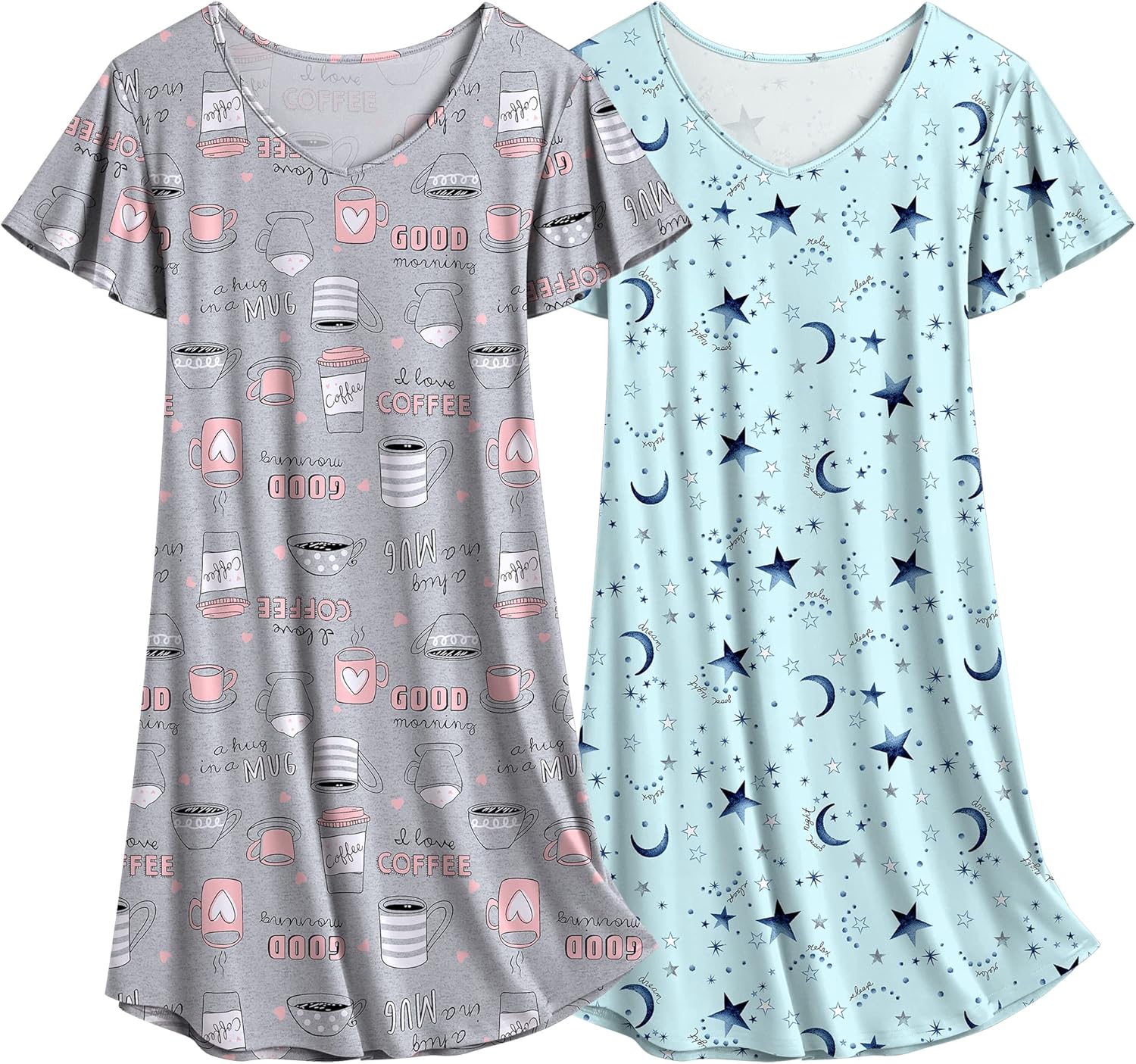 Ekouaer 2 Pack Women's Nightgown Short Sleeve Nightshirts Comfy Soft Pajama Sleep Dress