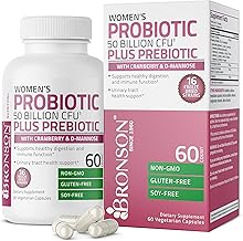 Bronson Women's Probiotic 50 Billion CFU + Prebiotic with Cranberry & D-Mannose – Vaginal Health, Healthy Digestion, Immune Function and Urinary Tract Support, Non-GMO, 60 Vegetarian Capsules