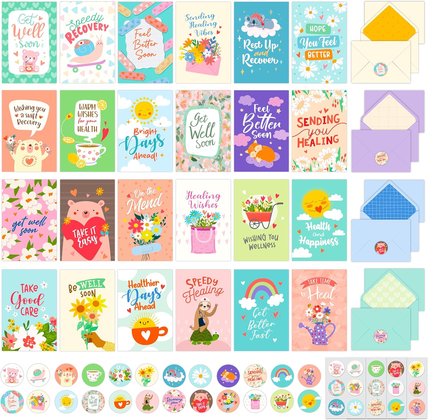Decorably 24 Pack 4x6in Cute Get Well Cards Assortment Box with Envelopes and Stickers, 24 Unique Designs Get Well Soon Cards with Envelopes and Printed Message Inside