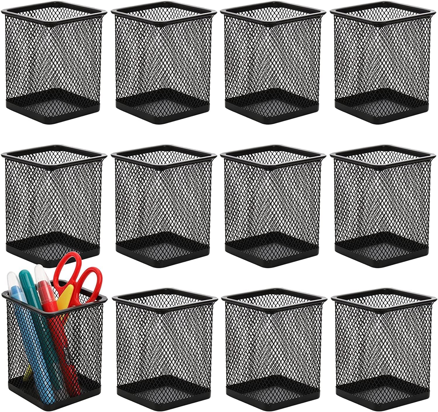 WUWEOT 12 Pack Metal Pen Holder Square Mesh Pencil Holder Desk Organizer Mesh Pen Cup Pencil Cup for Desk Office Pen Organizer, Black