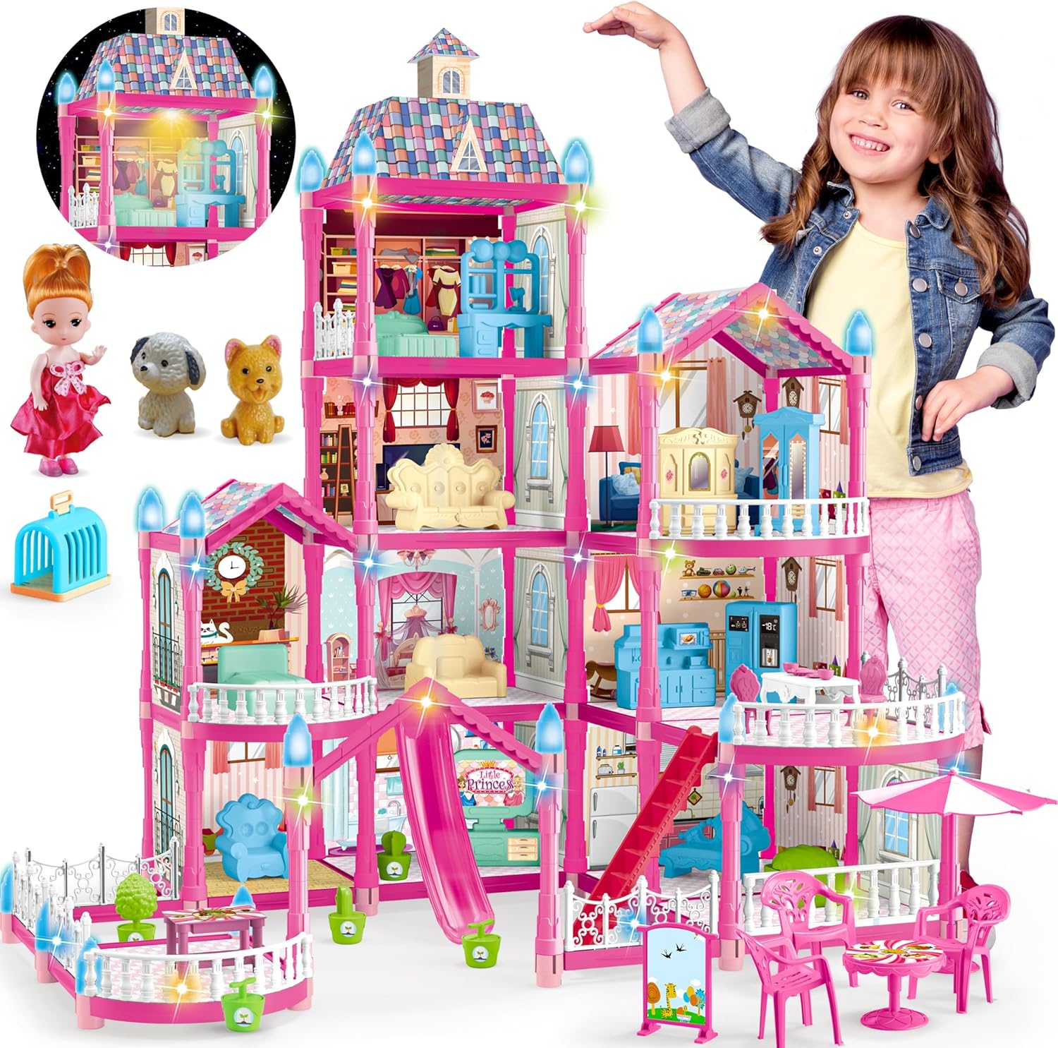 Doll House for Girls ,10 Rooms Pink Doll House with Dolls Figure, Puppies ,Furnitures, Accessories, LED Light, Toddler Playhouse Gift for for 3 4 5 6 7 8 9 10 Year Old Girls Toys