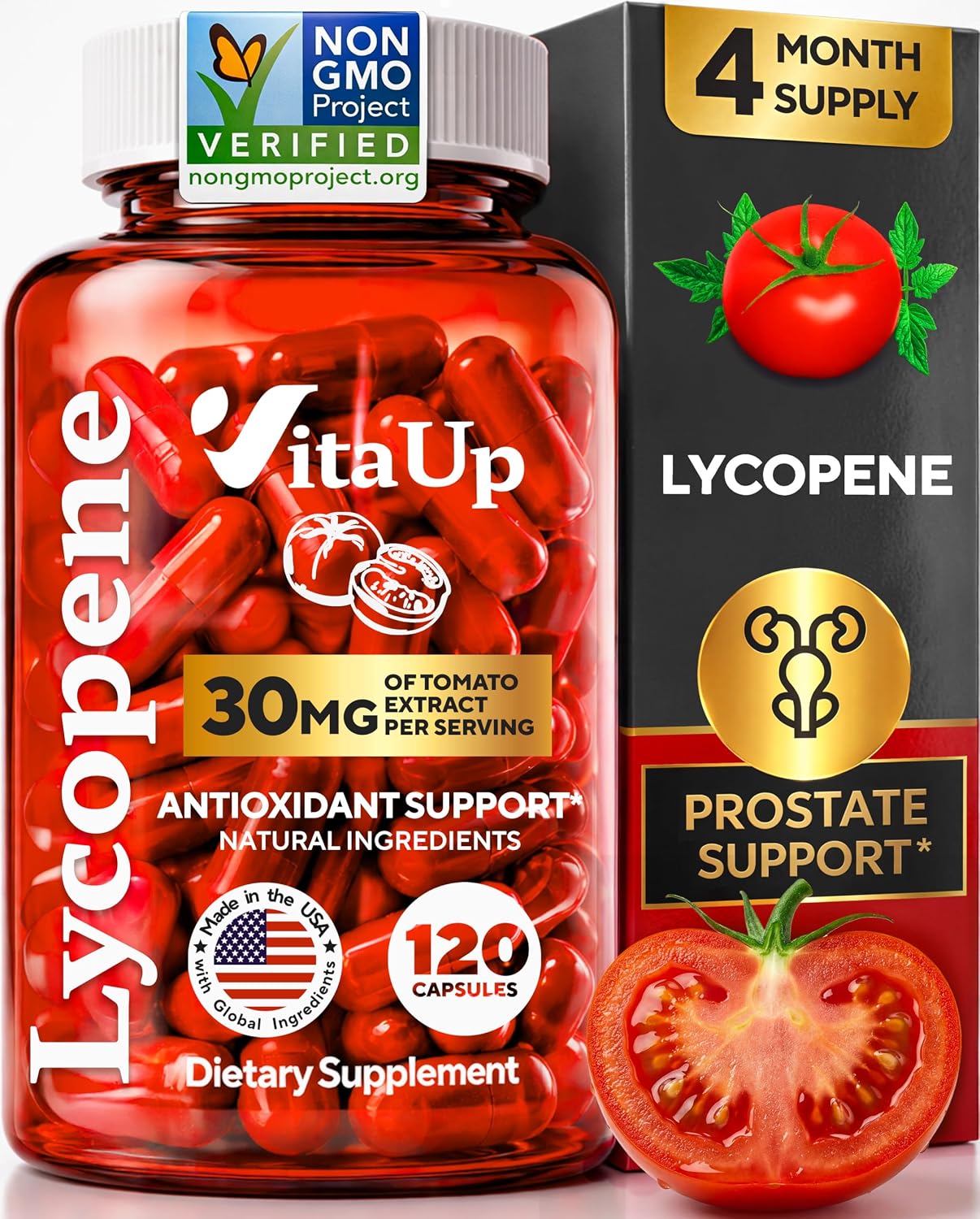 VitaUp Lycopene Supplements for Men – USA Made 30 mg of Tomato Extract – Prostate Supplements for Men – Non-GMO Lycopene Supplement for Normal Prostate, Skin & Antioxidant Support – 120 Count