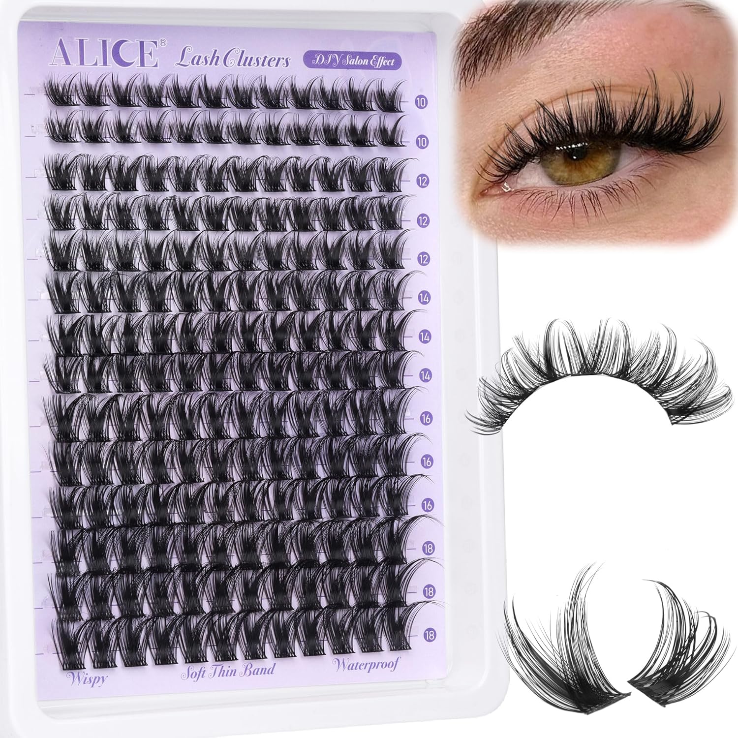 ALICE Lash Clusters Wispy Eyelash Clusters 168pcs 10-18mm Cluster Eyelash Extensions Natural Volume Lash Extensions DIY Individual Lashes Clusters with Soft Thin Band