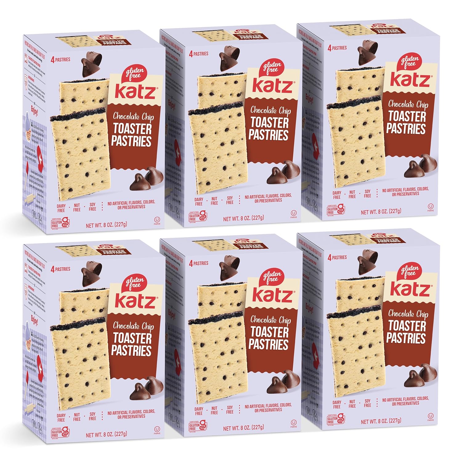 Katz Gluten Free Chocolate Chip Toaster Pastries. Breakfast Foods Snacks. Free of Dairy, Peanuts, Tree Nuts, and Sesame, No Artificial Color. Kosher. 8oz (6pk)