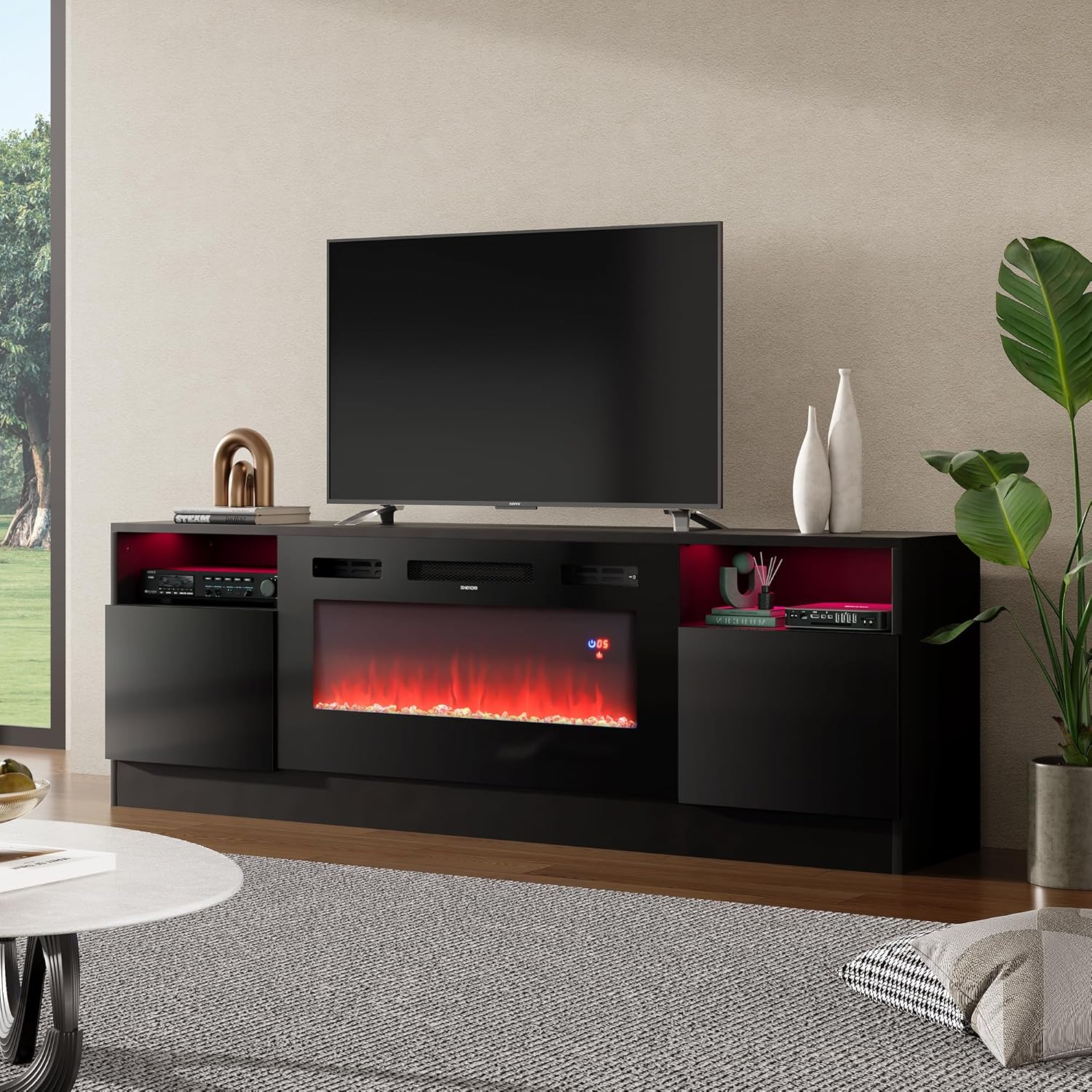 Warmiehomy Electric Fire Insert TV Stand, TV Unit with Fireplace Built in, 12 Colors Moon Light & 12 Flame Effect Support, 36" Fireplace, for 78" TV, Remote Control & Overheat Protection, Black