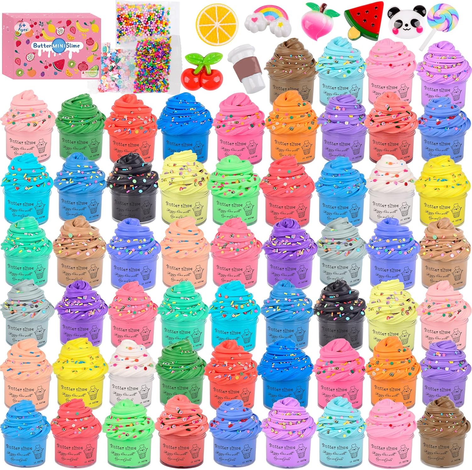 58 Pack Mini Butter Slime Kit,Super Soft and Non-Sticky,DIY Putty,Peach Charms,Stress Relief Toy for Girls and Boys Age 10-12, Slime Toys,Goodie Bag Stuffers for Kids