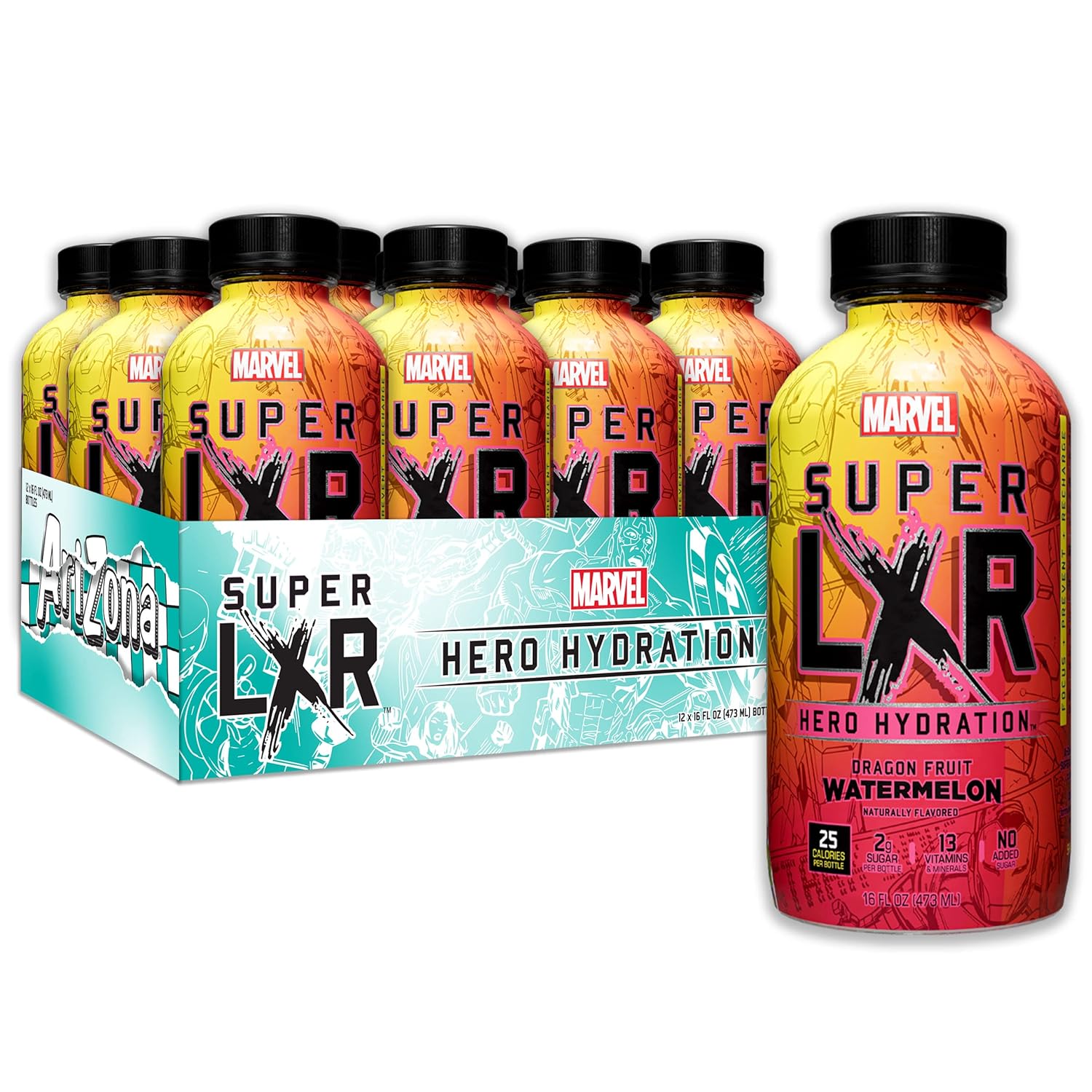 AriZona x Marvel Super LXR Hero Hydration - Dragon Fruit Watermelon - 16oz (Pack of 12) – Low Sugar Sports Drink, Perfect for Athletes - Thirst Quencher