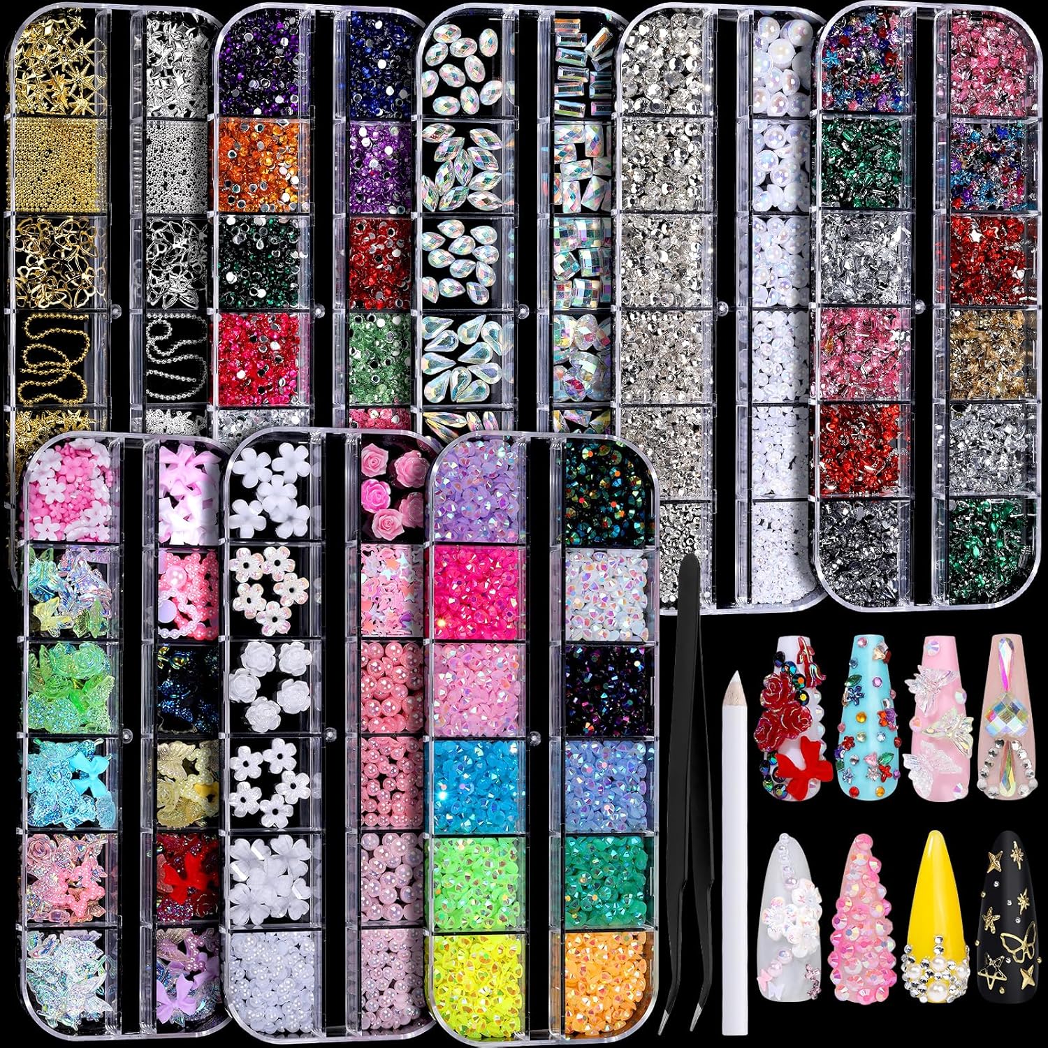 FANDAMEI Nail Charms, Nail Rhinestones Kit with 8 Boxes of Nail Gems, 3D Charms for Nails, Colorful Clear Flatback Rhinestones, Multi Shape Nail Crystals for Craft, Nail Pearls Nail Jewels