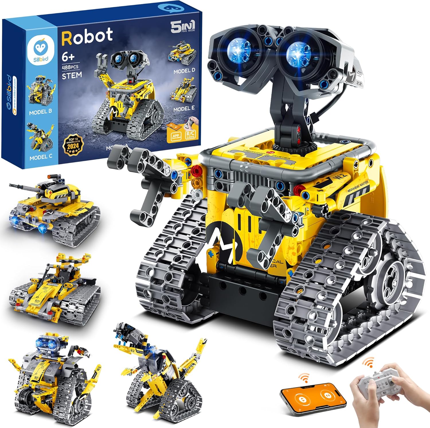 Sillbird Robot Building Kit with Remote Control STEM Gifts for Boys Age 8-13, Technic Coding Robotic Toys for Kids Birthday, Buildable 5in1 Models with 488 Pieces