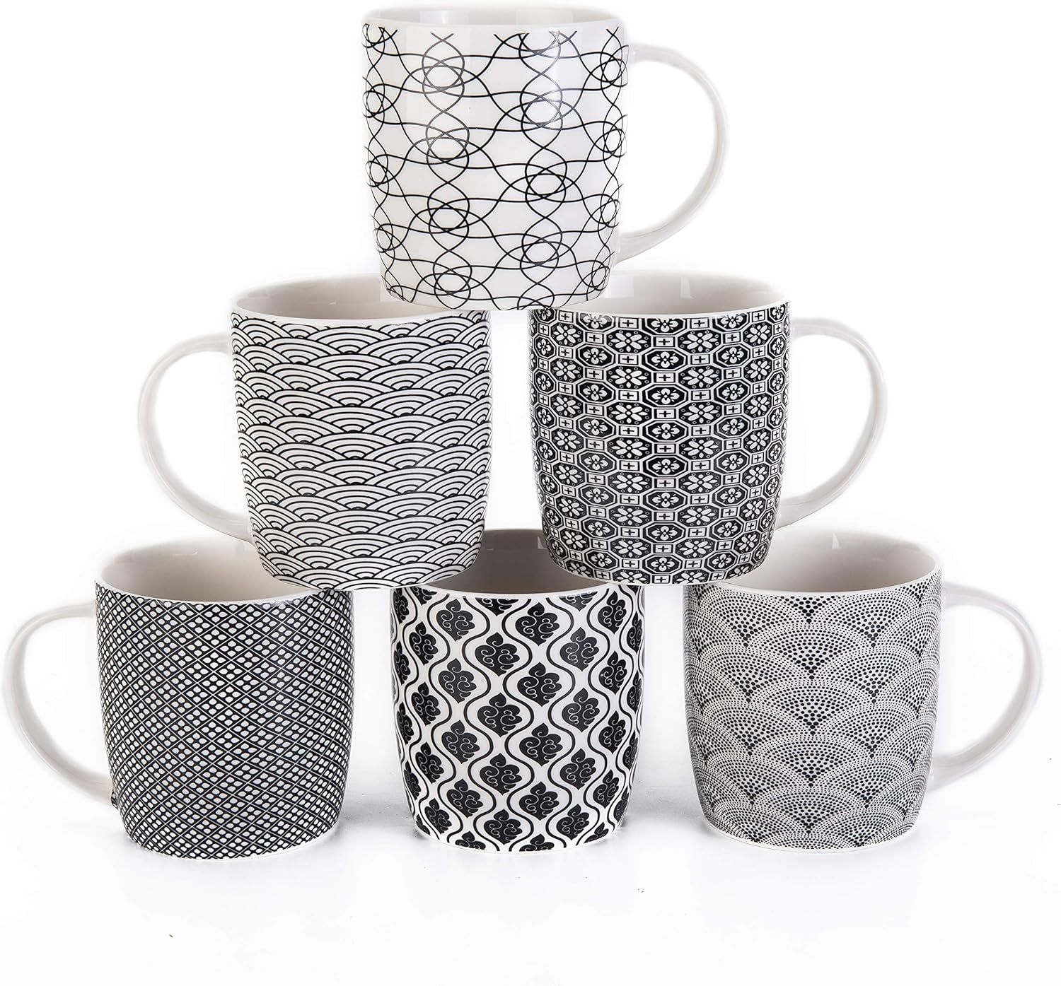 MACHUMA Set of 6 Coffee Mugs 340 ML/11.5 oz with Black and White Geometric Patterns, Ceramic Tea Cup Set 6 Pack
