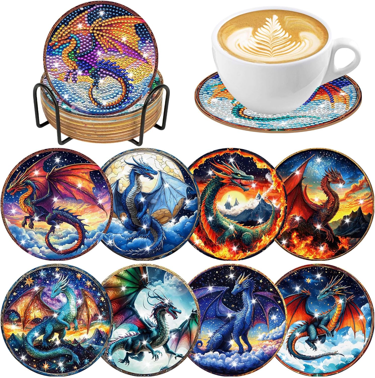 Dragon Diamond Art Coasters Kit: 8 Pcs Fantastic Dragon Diamond Painting Coasters with Holder and Cork Pads, DIY Coaster Craft Set for Adults Beginners Home Decor Gifts