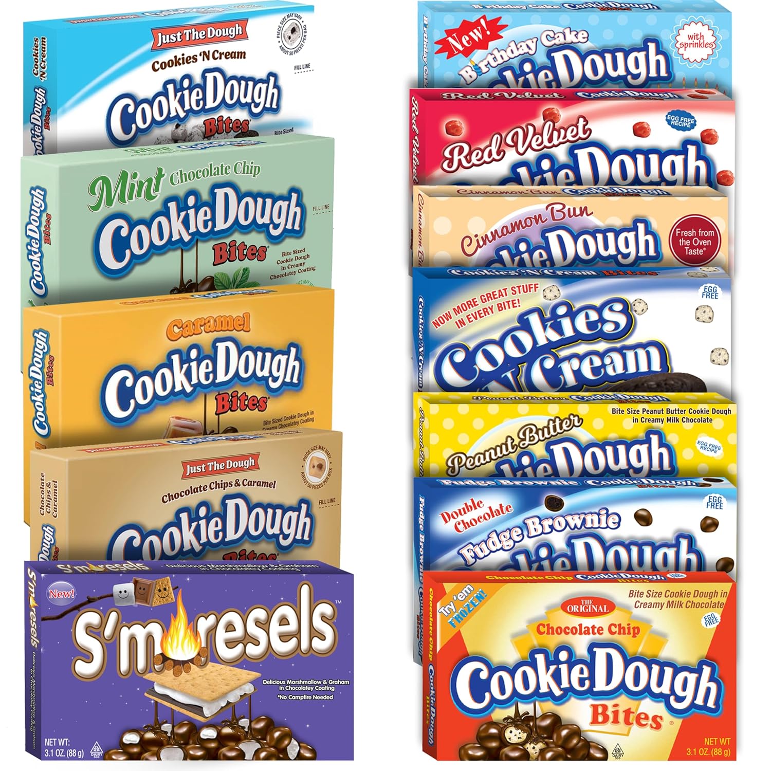 Cookie Dough Bites | 3.1 oz 12 Flavor Variety | Chocolate Chip, Birthday Cake, Caramel, Fudge Brownie, Mint, Peanut Butter, Cookies N Cream |Original Edible Cookie Dough Movie Theater Candy
