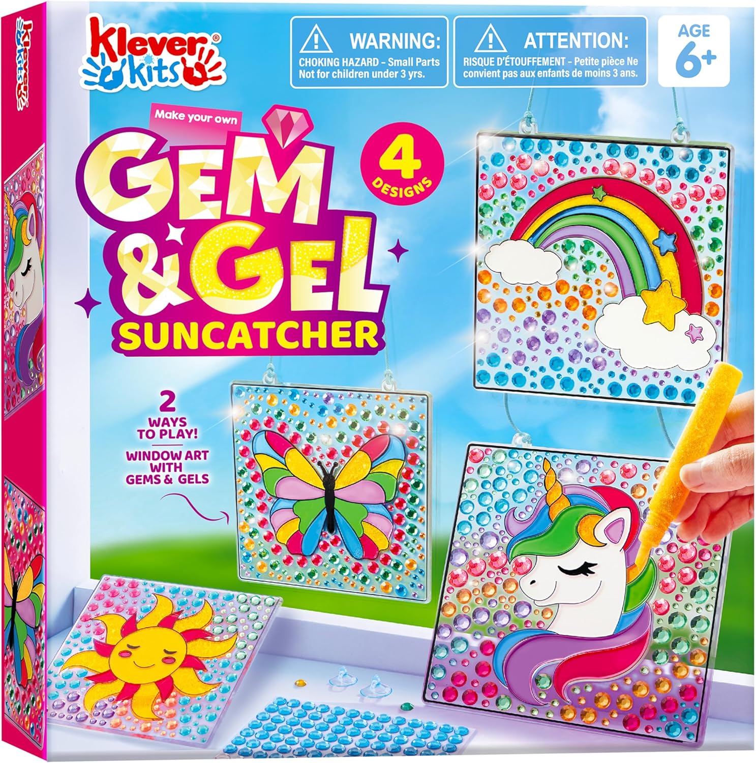 Klever Kits Suncatcher Craft Kit for Kids Age 6 7 8 9-12, 4 Gem Toy Painting Art Gift Set:Sun Unicorn Butterfly Rainbow with Window Pens,Girls Birthday Toy Gifts,Gem Diamond Painting Craft Kits