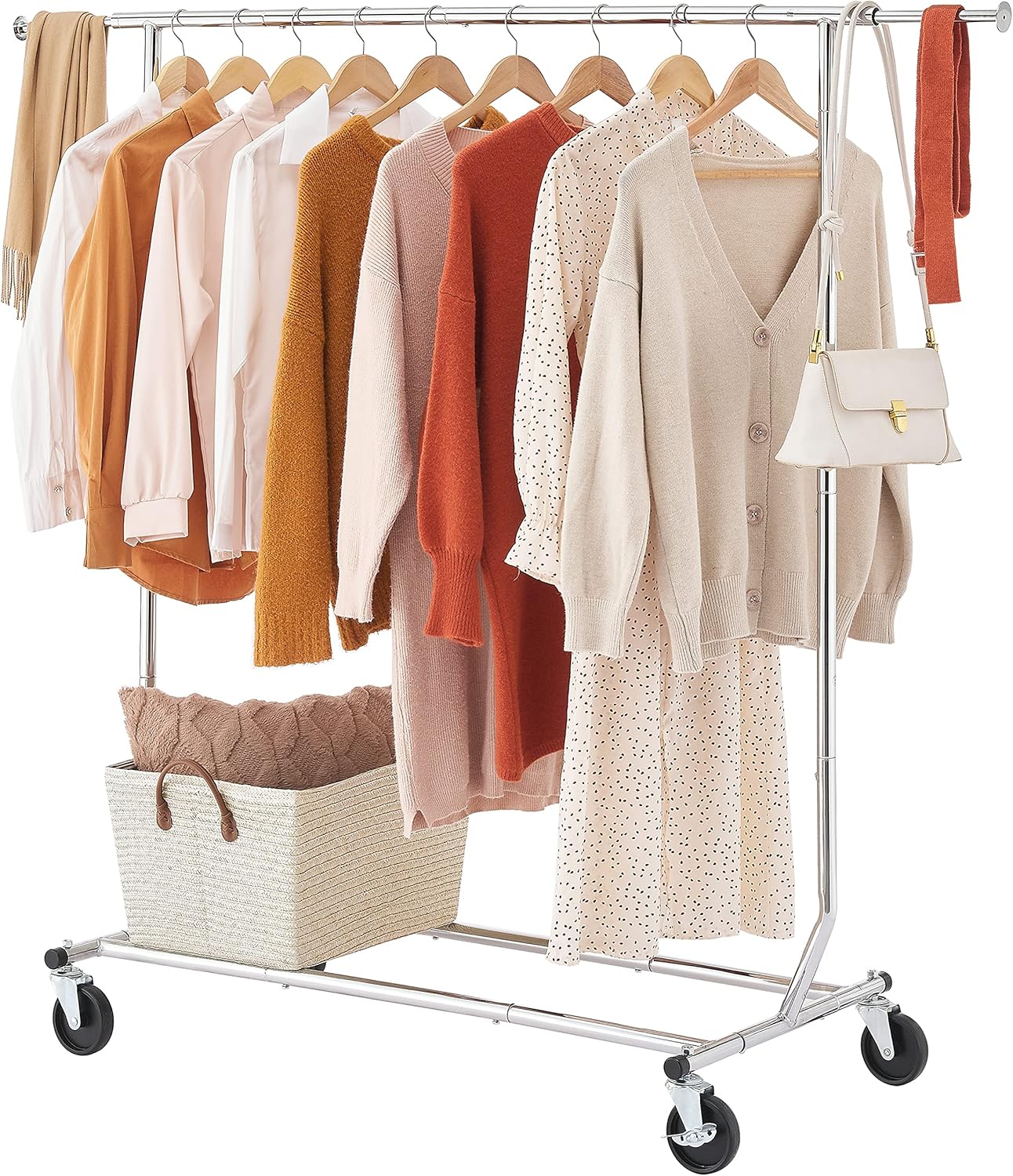 Tajsoon Clothing Rack Heavy Duty Clothes Rack Foldable Garment Rack with Wheels and Extendable Rod, Collapsible Clothing Rack Max Capacity 250lbs, Industrial Rolling Rack with Bottom Shelf, Chrome