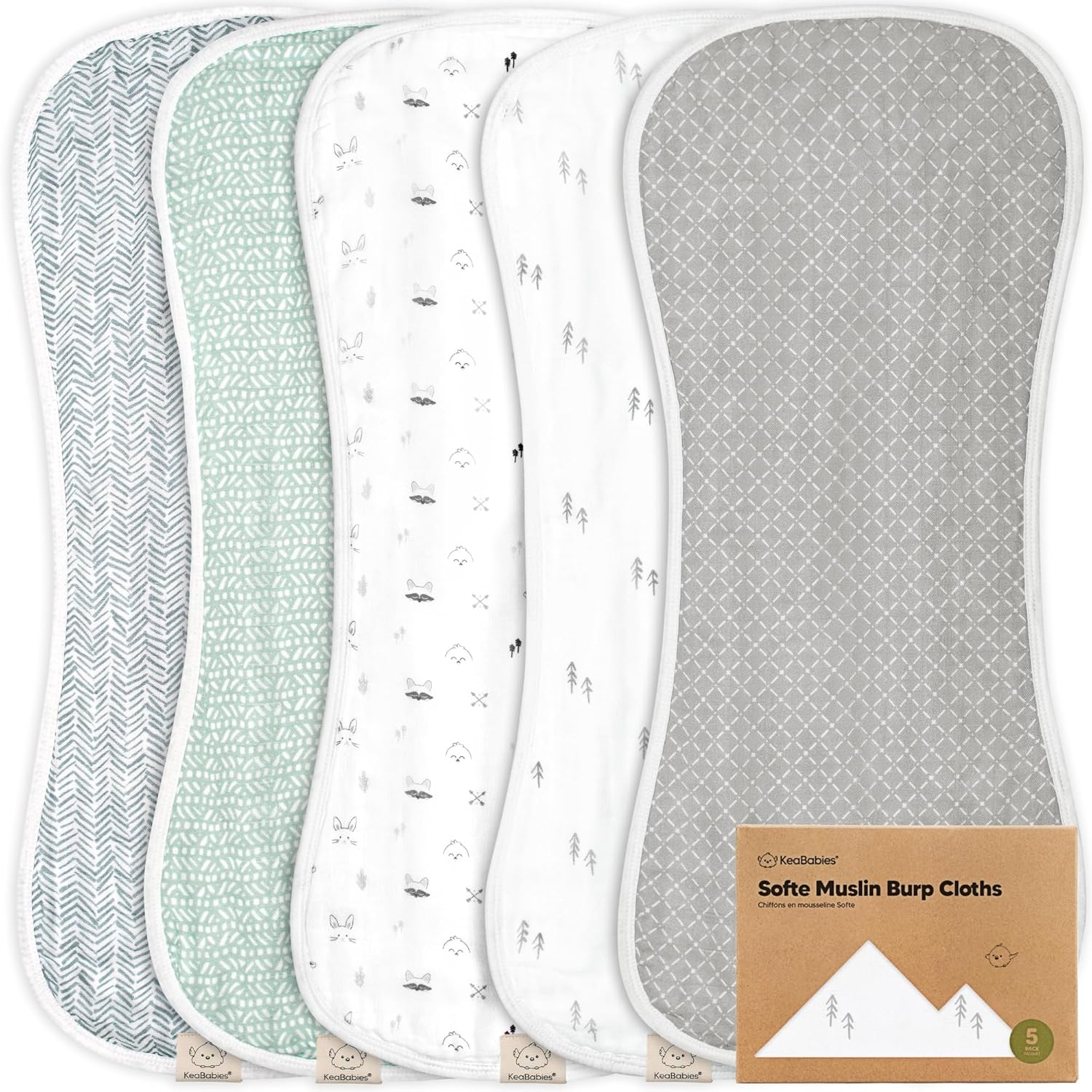 5-Pack Muslin Burp Cloths Baby Boy, Girl - Very Absorbent Baby Burp Cloth Rags, 8-Layers Viscose Derived from Bamboo Cotton Muslin Towel, Super Soft Spit Up Rags, No Shrink Washcloths (Nordic)
