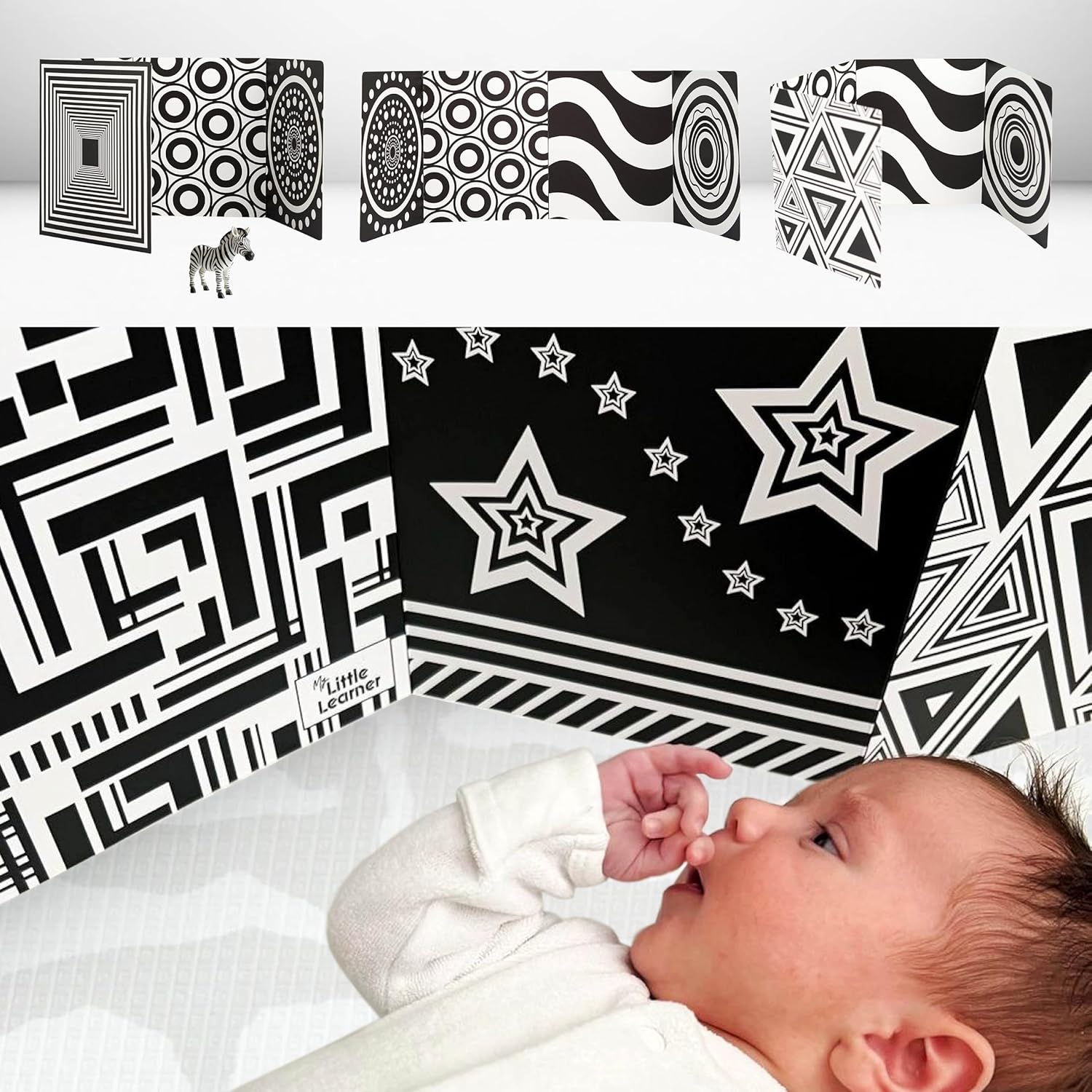My Little Learner Supersized Black and White Baby Book - High Contrast Baby Sensory Fold-Out Board for Newborn Sensory Toys - Thick Stand Up Board - Black and White Baby Toys 0-6 Months & Older
