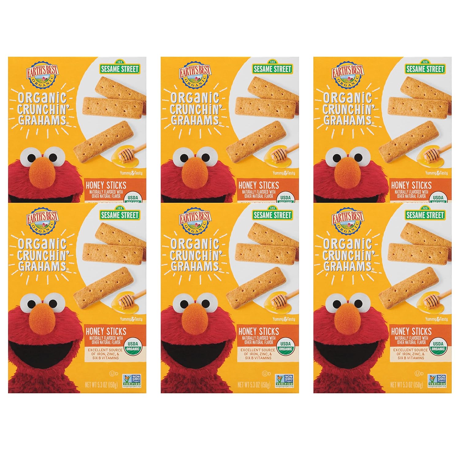 Earth's Best Organic Kids Snacks, Sesame Street Toddler Snacks, Organic Crunchin' Grahams for Toddlers 2 Years and Older, Honey Sticks with other Natural Flavors, 5.3 oz Box (Pack of 6)