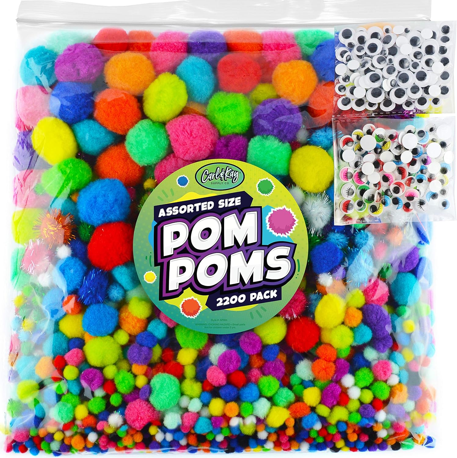 2200 Pieces - Pom Poms Balls for Craft Supplies - Large and Small Assorted Colored Fuzzy Pompoms with 200 Googly Eyes