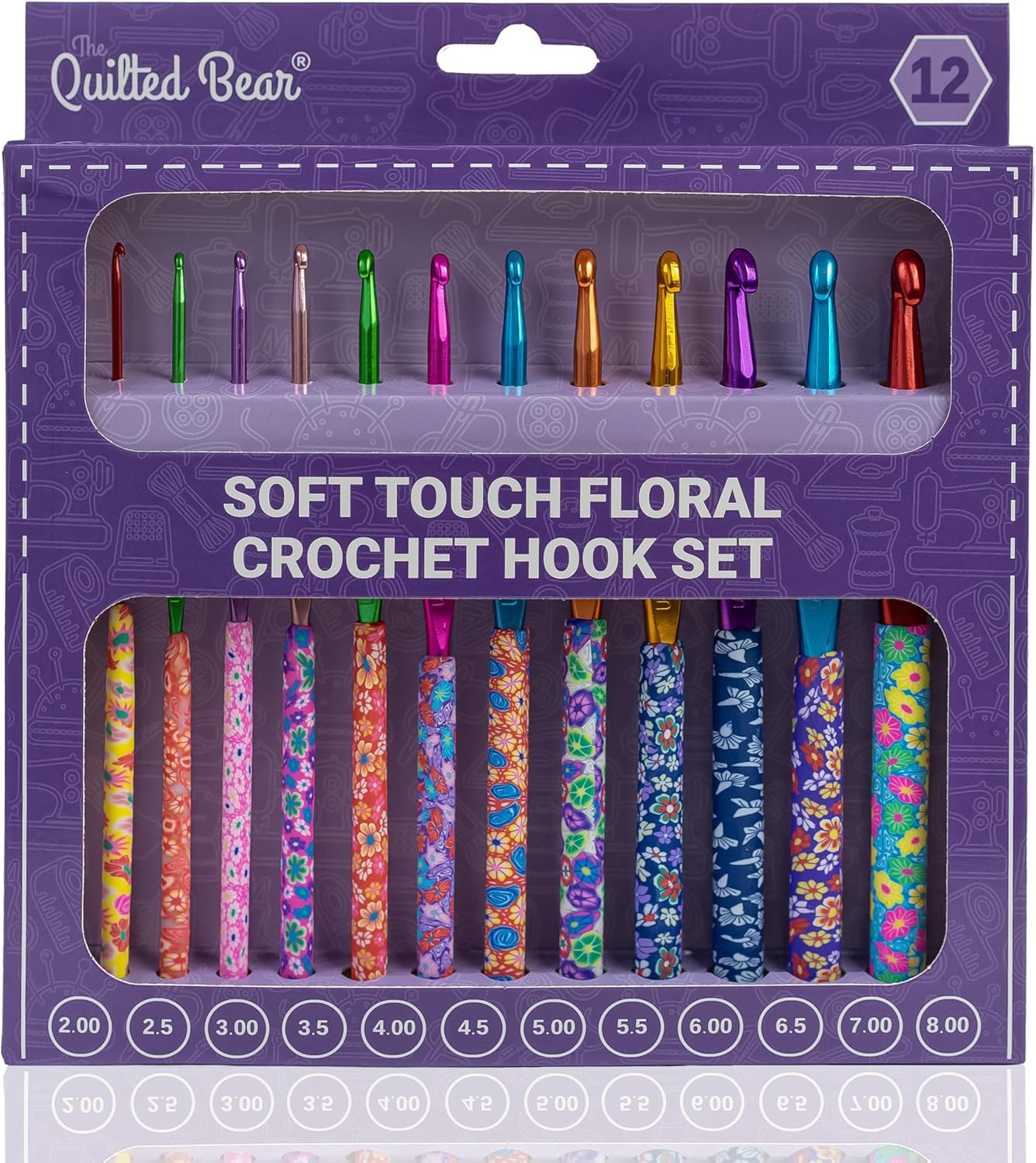The Quilted Bear Crochet Hook Set - Premium Soft Grip Floral Crochet Hooks with Polymer Clay Handle 12 Hook Kit (2mm, 2.5mm, 3mm, 3.5mm, 4mm, 4.5mm, 5mm, 5.5mm, 6mm, 6.5mm, 7mm & 8mm)