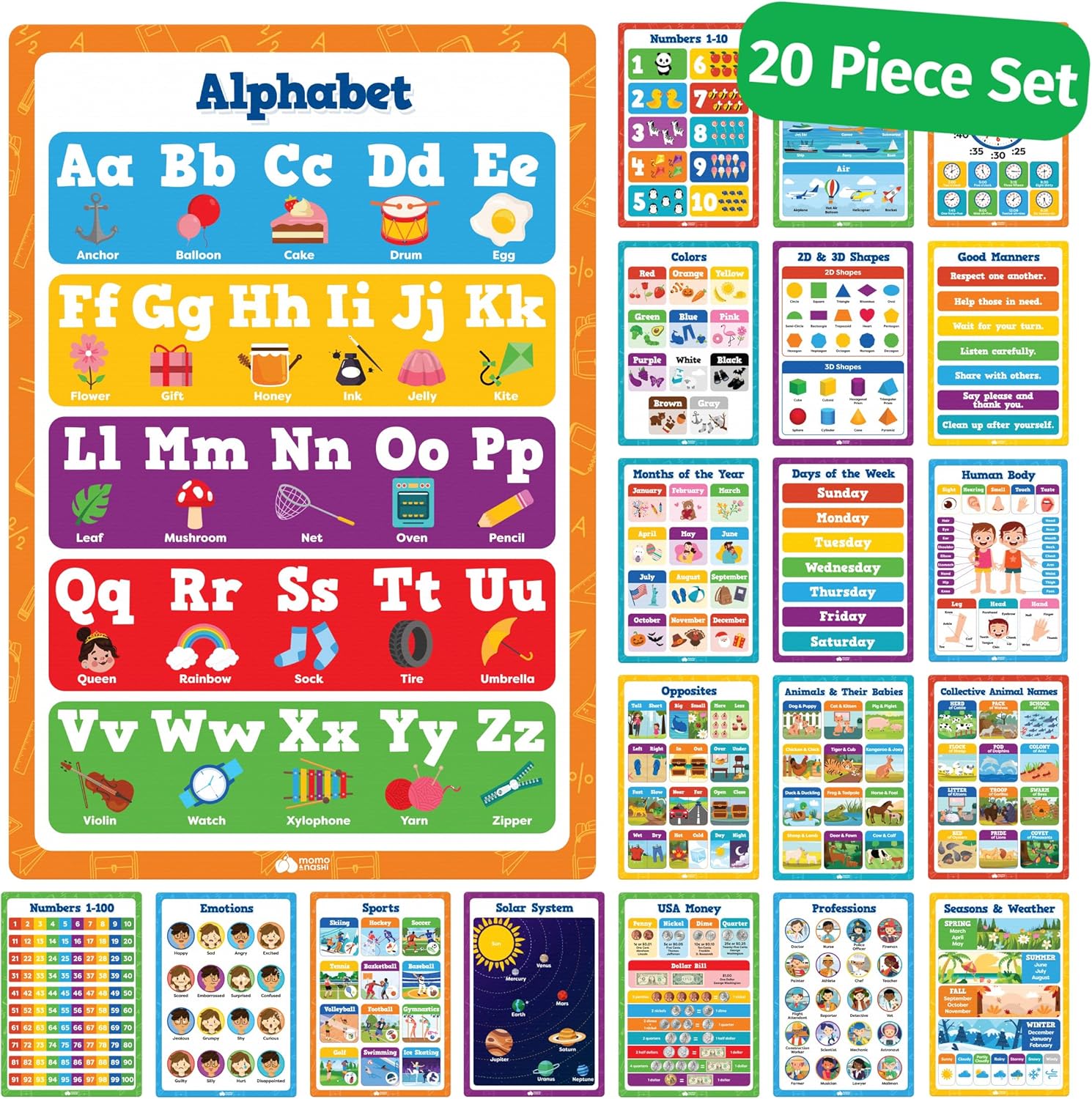 Classroom Posters - 20pcs Set 16” x 11” Educational Posters - Classroom Decor - Elementary Preschool Kindergarten Classroom Must Haves Supplies Essentials Decorations - Preschool Learning Activities