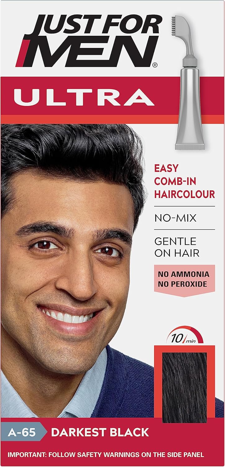 Just For Men Ultra Darkest Black Hair Colour Dye, No Mix Comb-In Applicator to Comb Away The Greys, Ammonia & Peroxide Free – A65