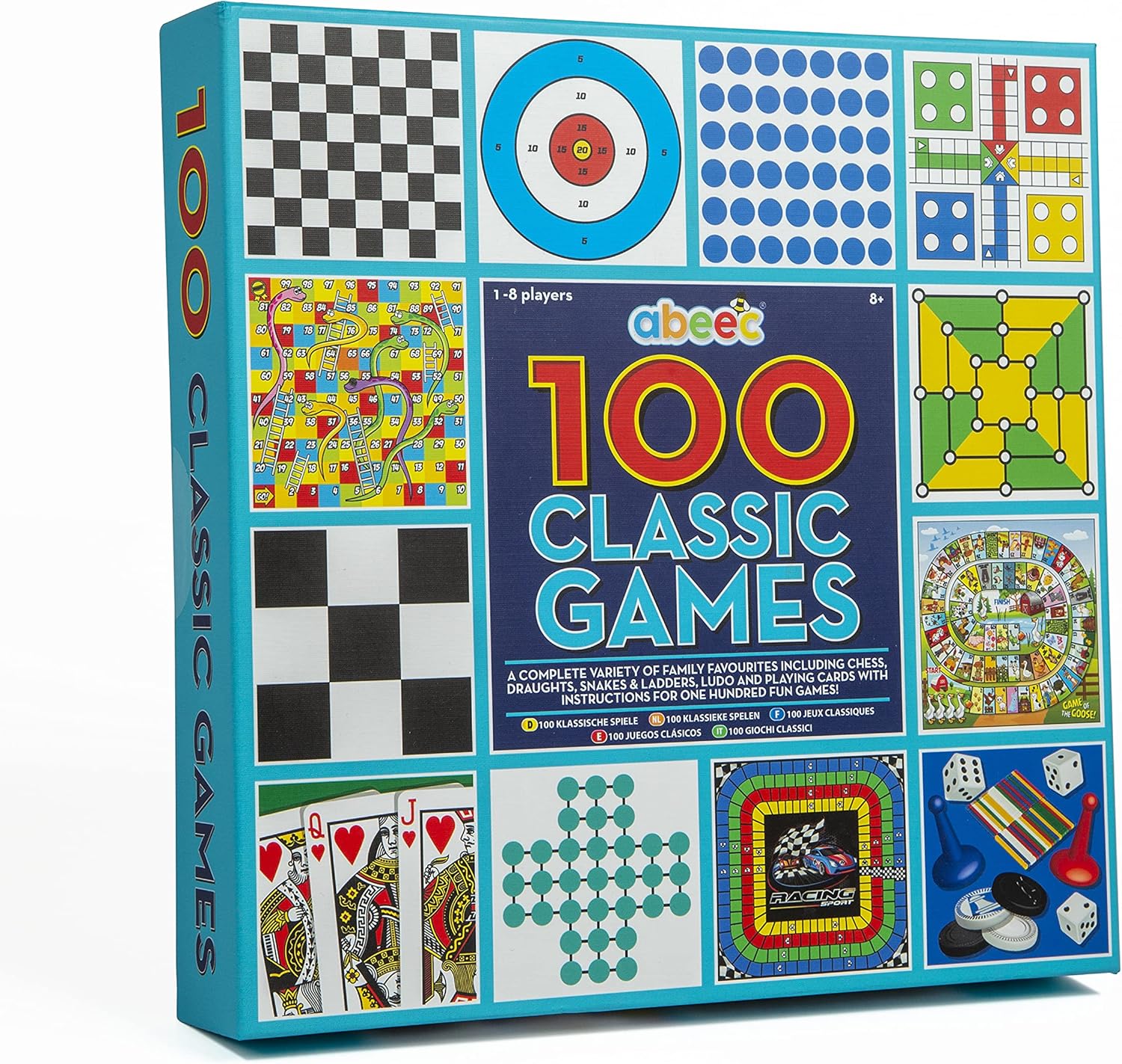 abeec 100 Classic Games Compendium | Collection of Classic Family Board Games | Games Compendium includes Ludo, Chess, Draughts and Playing Cards