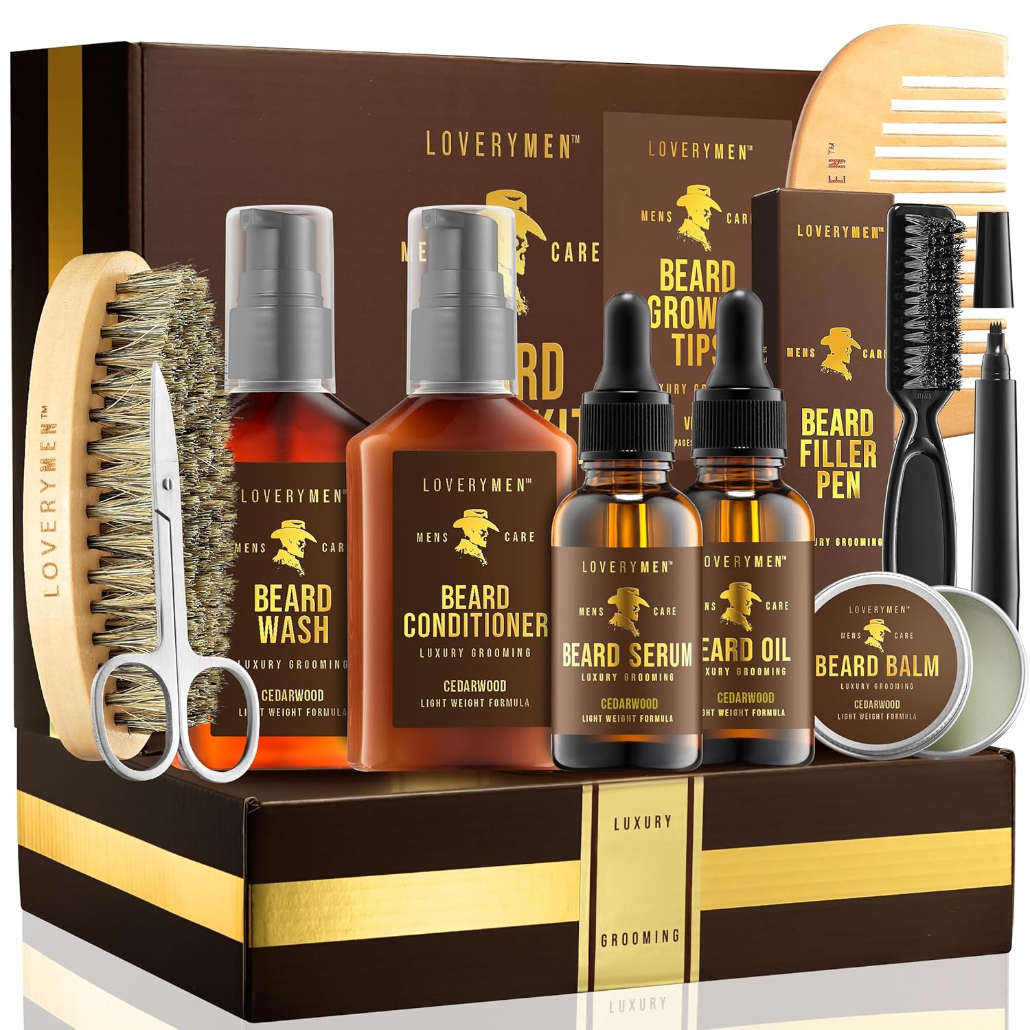 LOVERY Beard Care Kit - Gifts for Dad -12pc Complete Grooming Set in Cedarwood, Beard Balm, Wash, Conditioner, Oil, Serum, Beard Pen Birthday Gifts for Men Boyfriend Husband, Mens Gifts for Him